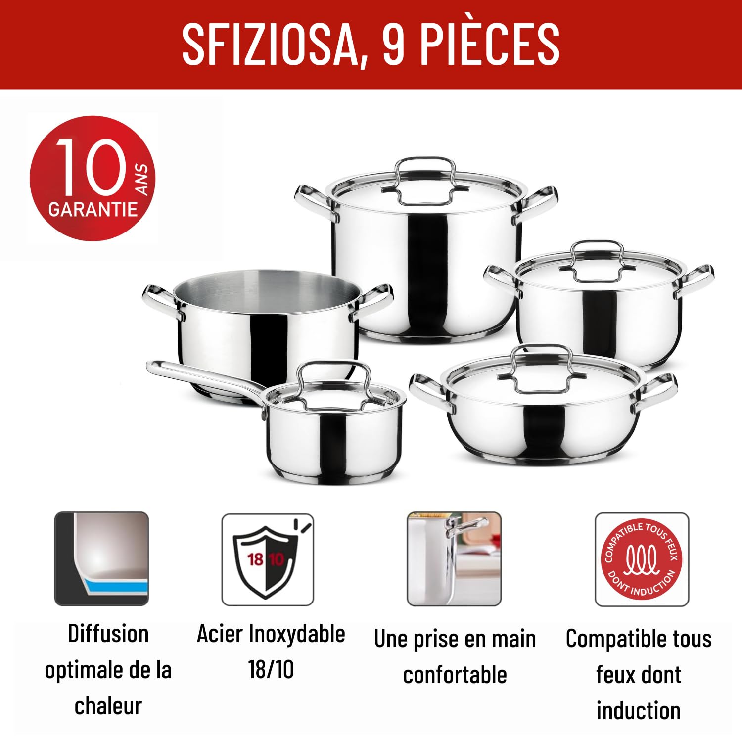 Lagostina Sfiziosa Lot de 9 casseroles avec fond Lagoseal Plus pour tous les étages de cuisson, revêtement en acier inoxydable pour chauffage rapide et cuisson uniforme, design élégant de longue durée | Fond Lagoseal Plus triple couche, avec 1 casserole,