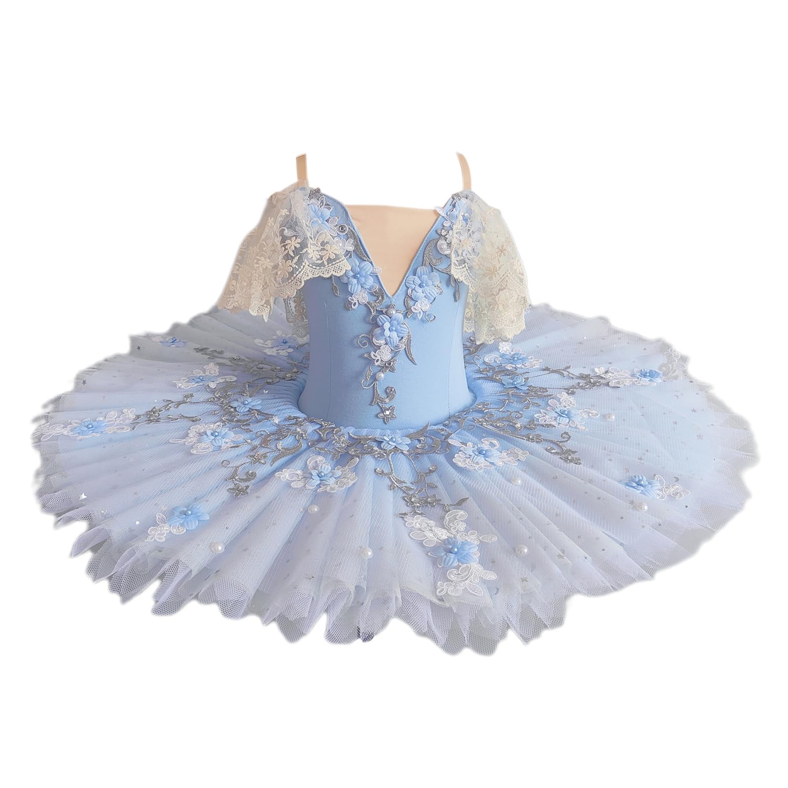 Nuovo 2024 Ragazze Fiore di Perla Ricamato Balletto Danza tutù Vestito Pizzo Maniche Arruffate Ginnastica Body Gonna Professionale Competizione Dancewear Costume
