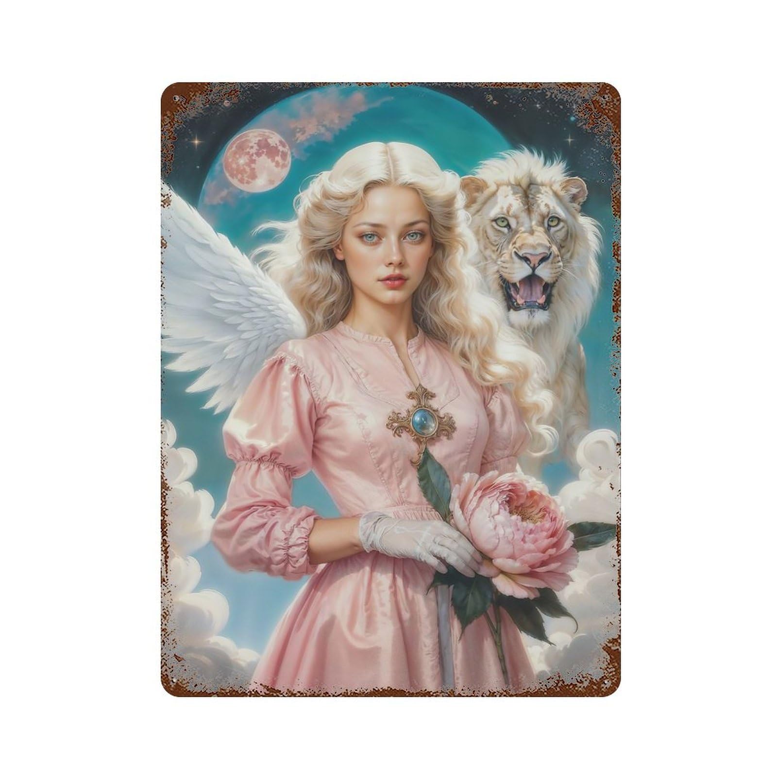 Vintage Rust Metal Sign with Archangel Ariel with Lion And Peony Design 15.7"x11.8", for Garage, Bar And Workshop Decor, Retro Wall Decor