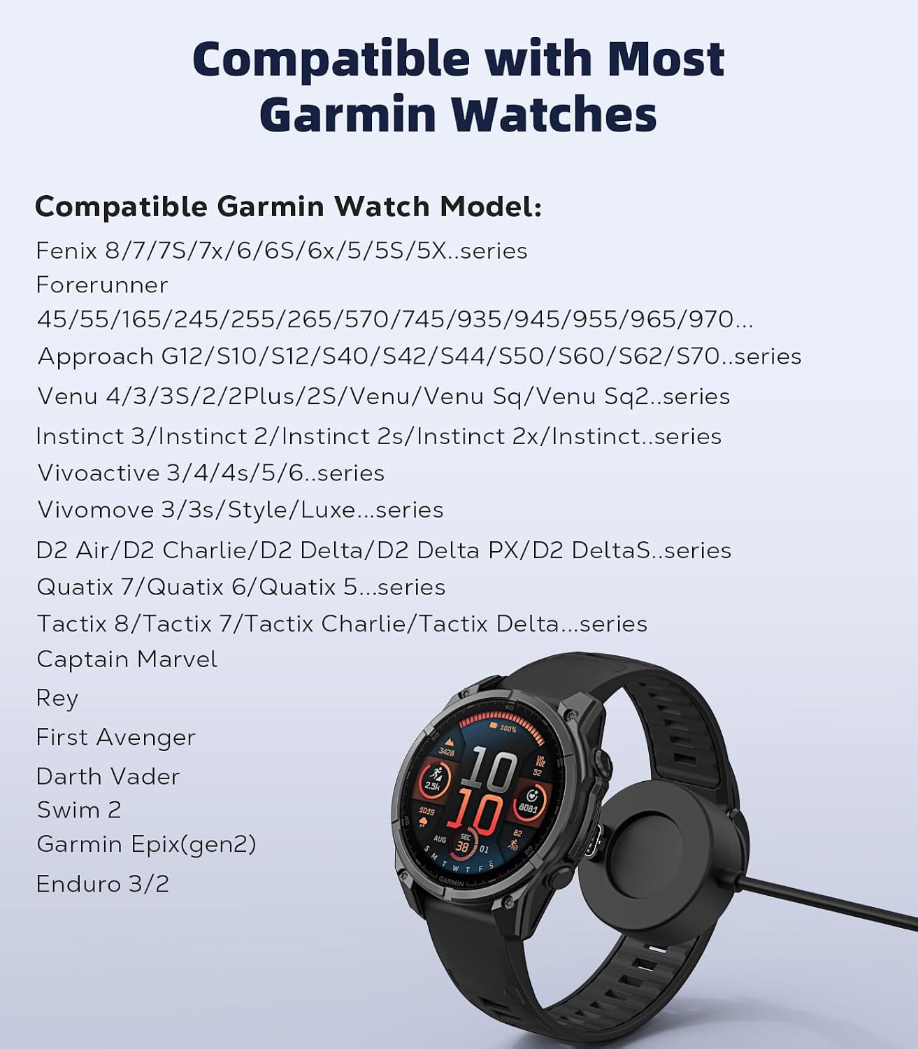 MoKo 2 in 1 Garmin Watch Charger, USB-C Charger Cable Compatible with Garmin Vivoactive 6/5, Fenix 8/7/6/5, Forerunner 970/570/965/265/255/165, Instinct, Venu 4/3s, 3.3 ft/1m Charging Code, Black