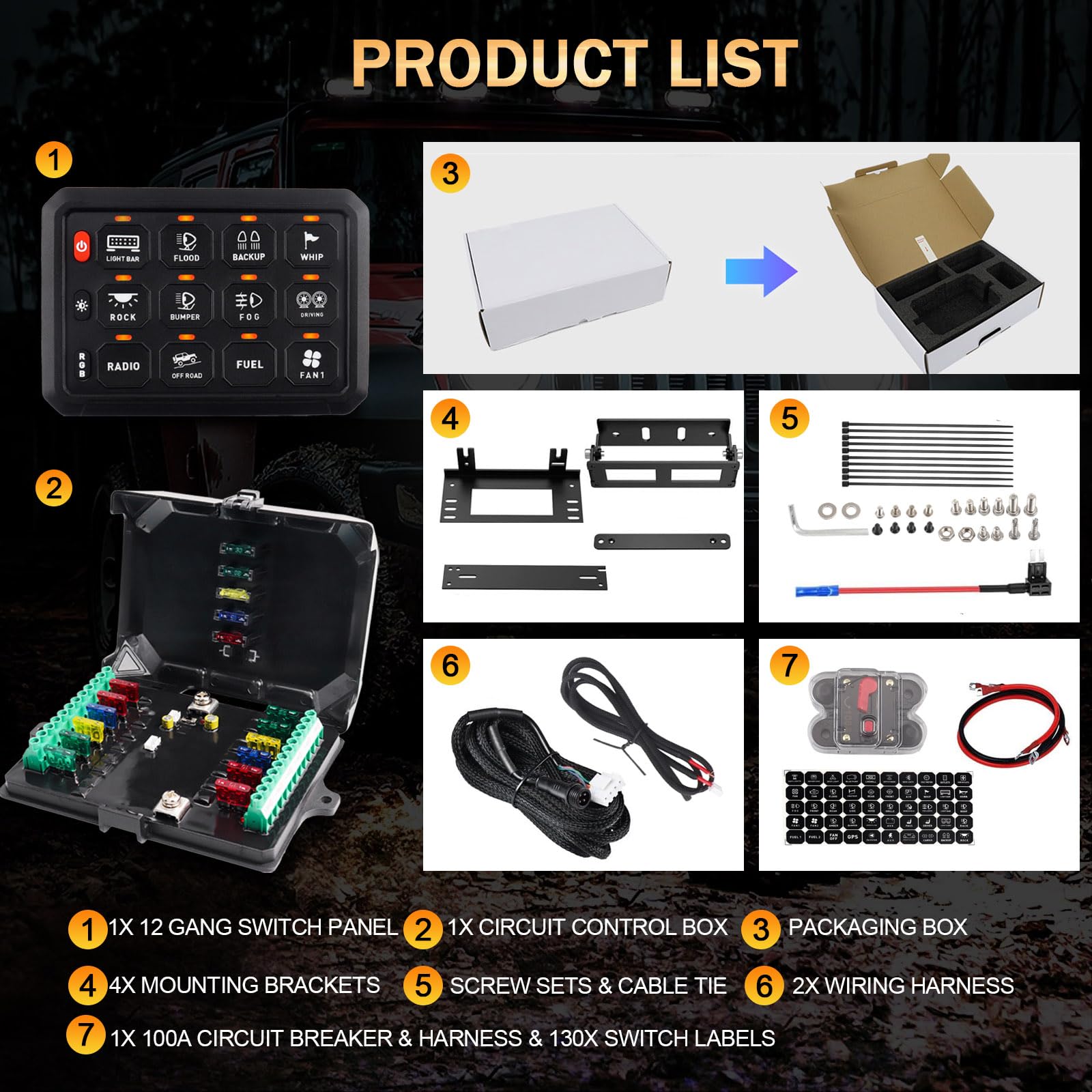 Chelhead Interruptor empotrable RGB de 12 grupos, circuito de control universal, sistema de relé de seguridad, arnés de cables para coche, camión, barco, ATV, UTV, SUV, multifuncional, 12-24 V | 12V 24V circuito de control universal sistema de relé arnés