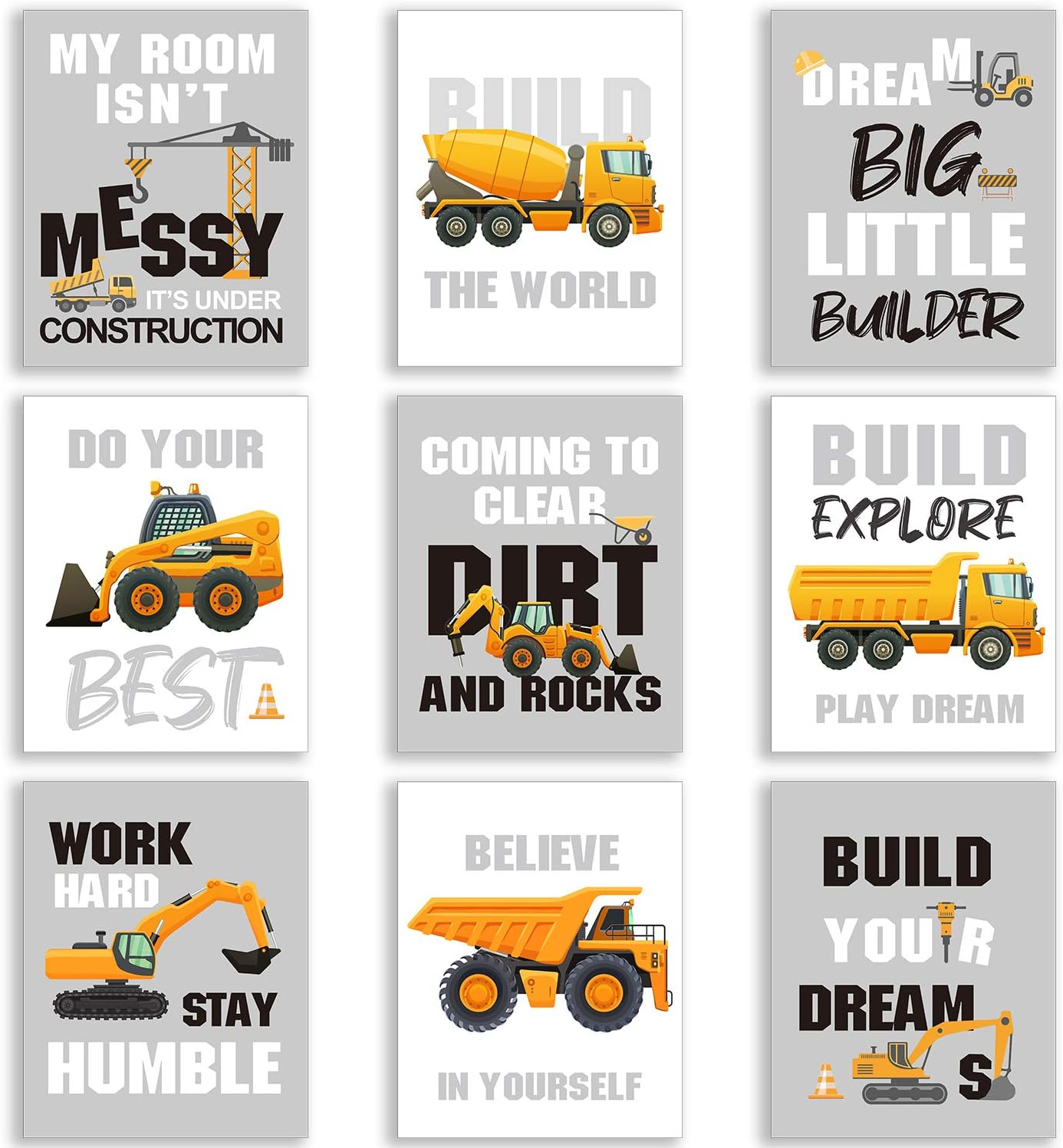 Outus Set of 9 Construction Room Decor Trucks Inspirational Quote Art Print Transport Vehicle Motivational Phrases Poster Nursery or Room Wall Art Decoration Unframed, 8 x 10 Inch