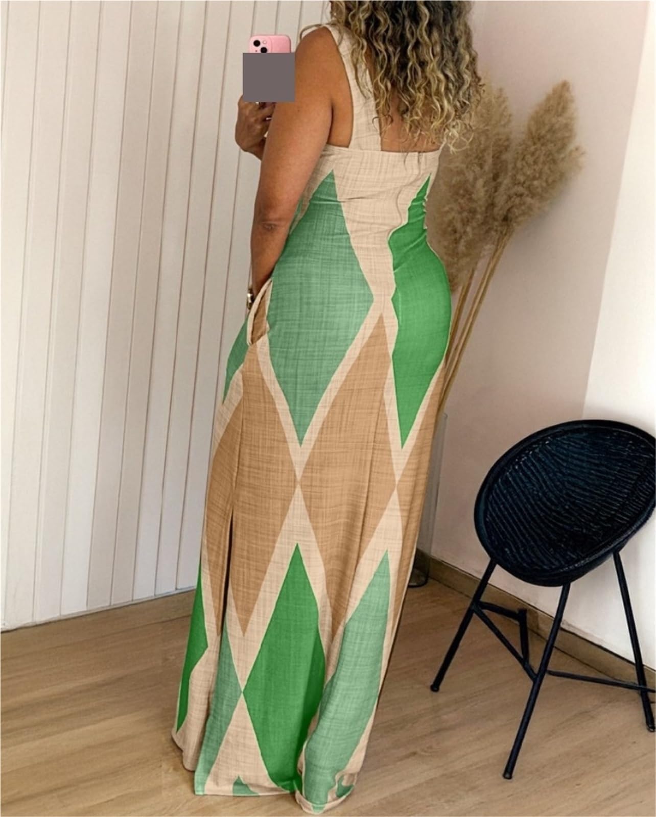 Vestido de Playa Estampado Verano Correa Gruesa Casual Slim Fit Maxi con Abertura y Bolsillos