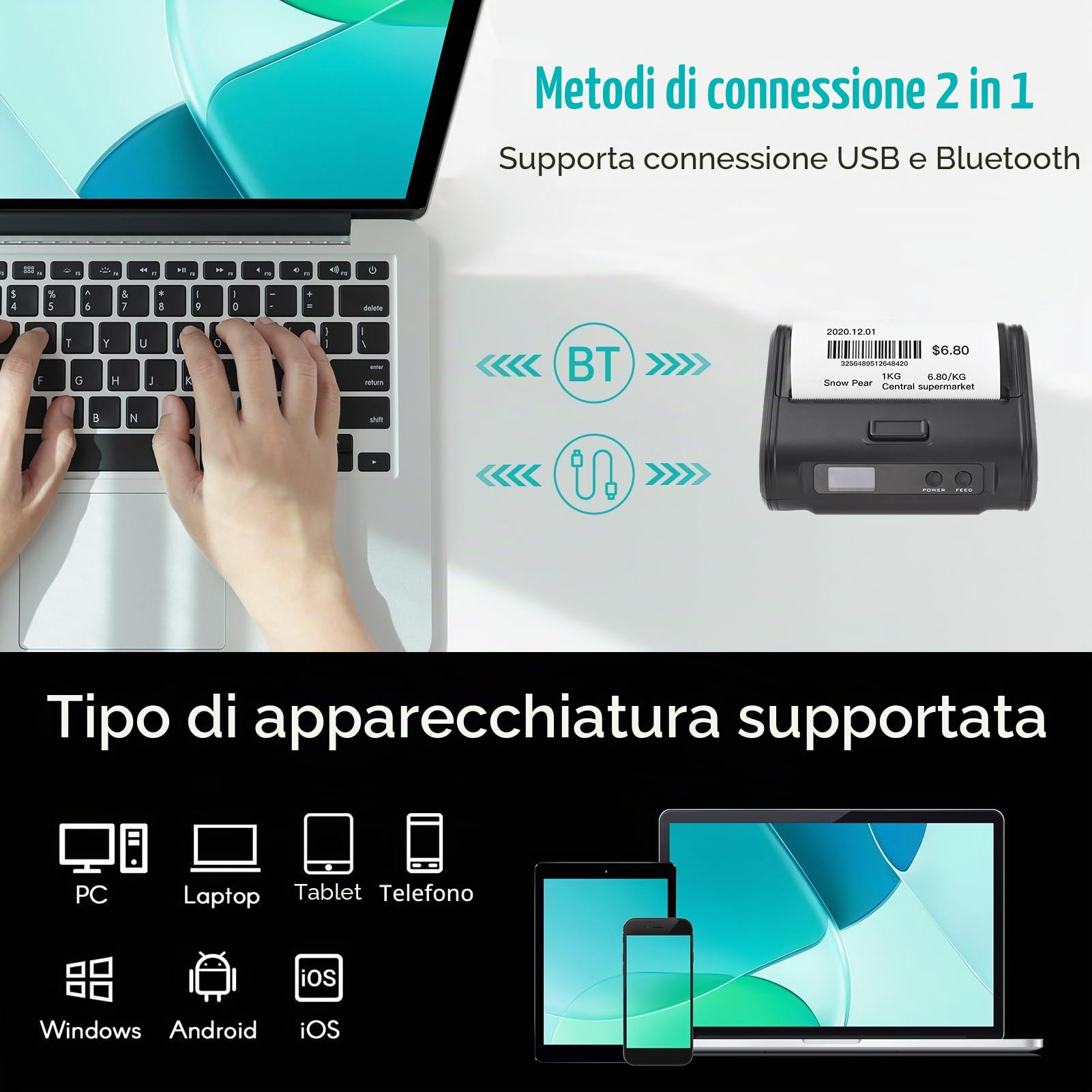Stampante termica wireless per ricevute Stampante portatile portatile da 4 pollici 110 mm 203 dpi Stampa nitida Connessione BT+USB per il mercato delle piccole imprese Alimentari Supporta carta