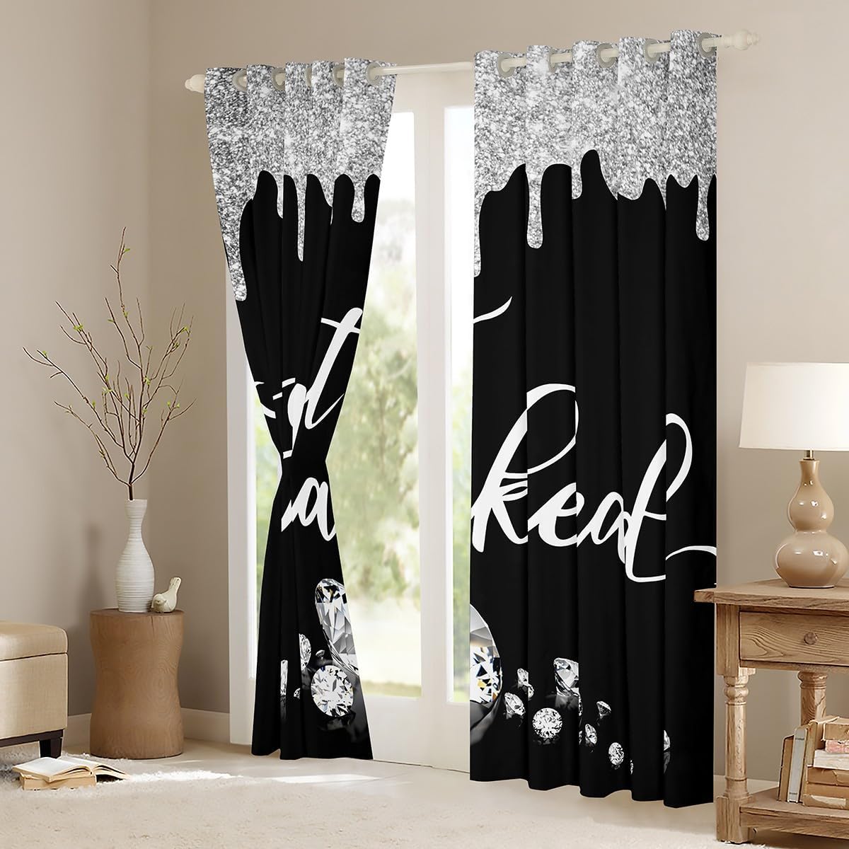 Get Naked Curtains Silver Grey Black Glitter Window Curtains for Bedroom Living Room for Kids Boys Girls Shining Diamond Window Drapes Women Men Funny Quotes Window Treatments, 42x84 Inches,2 Panels