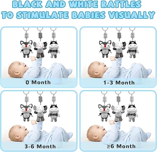 Miniatura 2 de XIXILAND Juguetes para bebés en blanco y negro de 0 a 3 meses, asiento de coche, juguetes de cochecito, juguetes colgantes de sonajero, juguetes