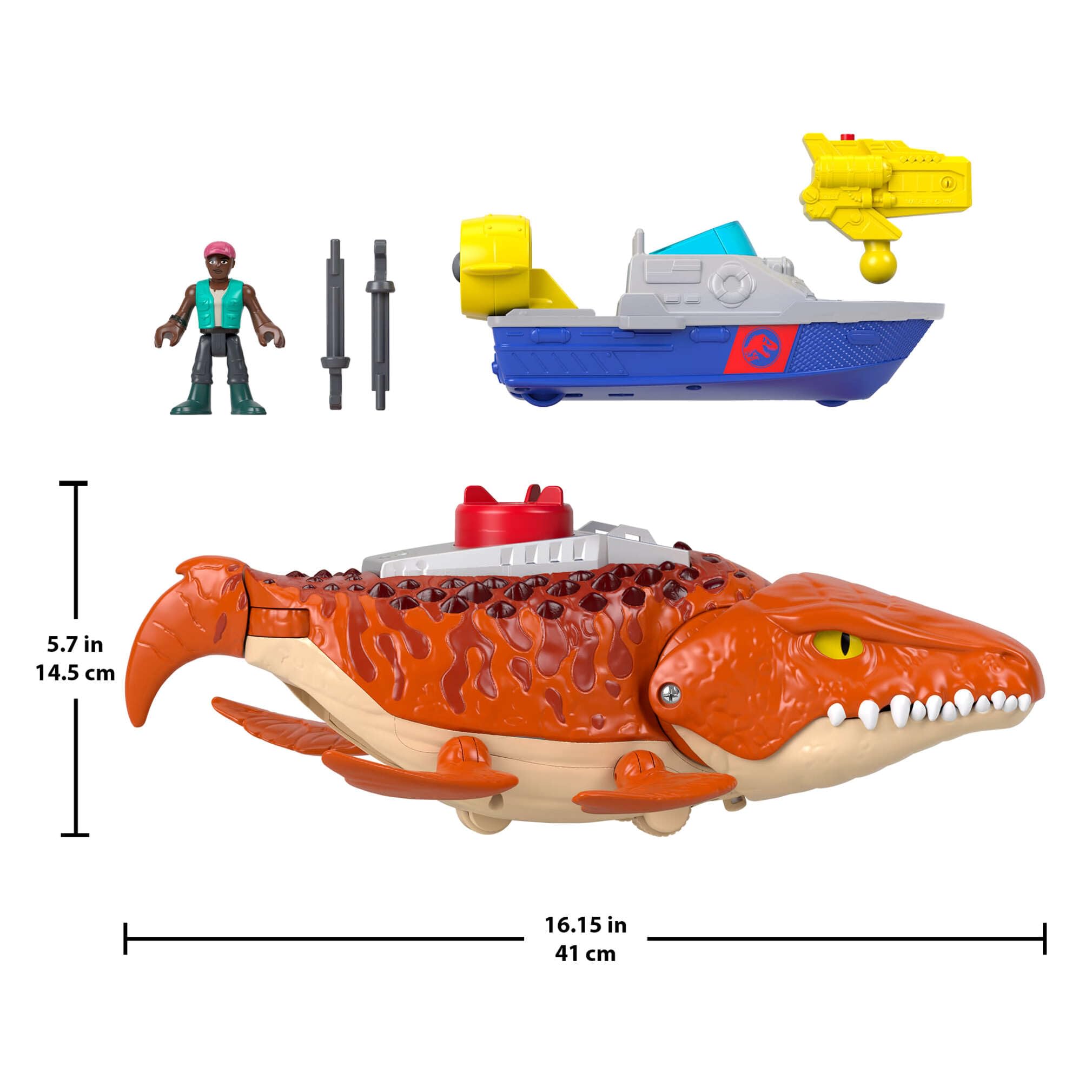 Fisher-Price Imaginext Jurassic World El Renacer, Mosasaurio persecución y mordiscos acuáticos Dinosaurio de juguete de 45 cm con figura de acción de 7,6 cm, lanzador, lancha y 2 proyectiles, JFR23