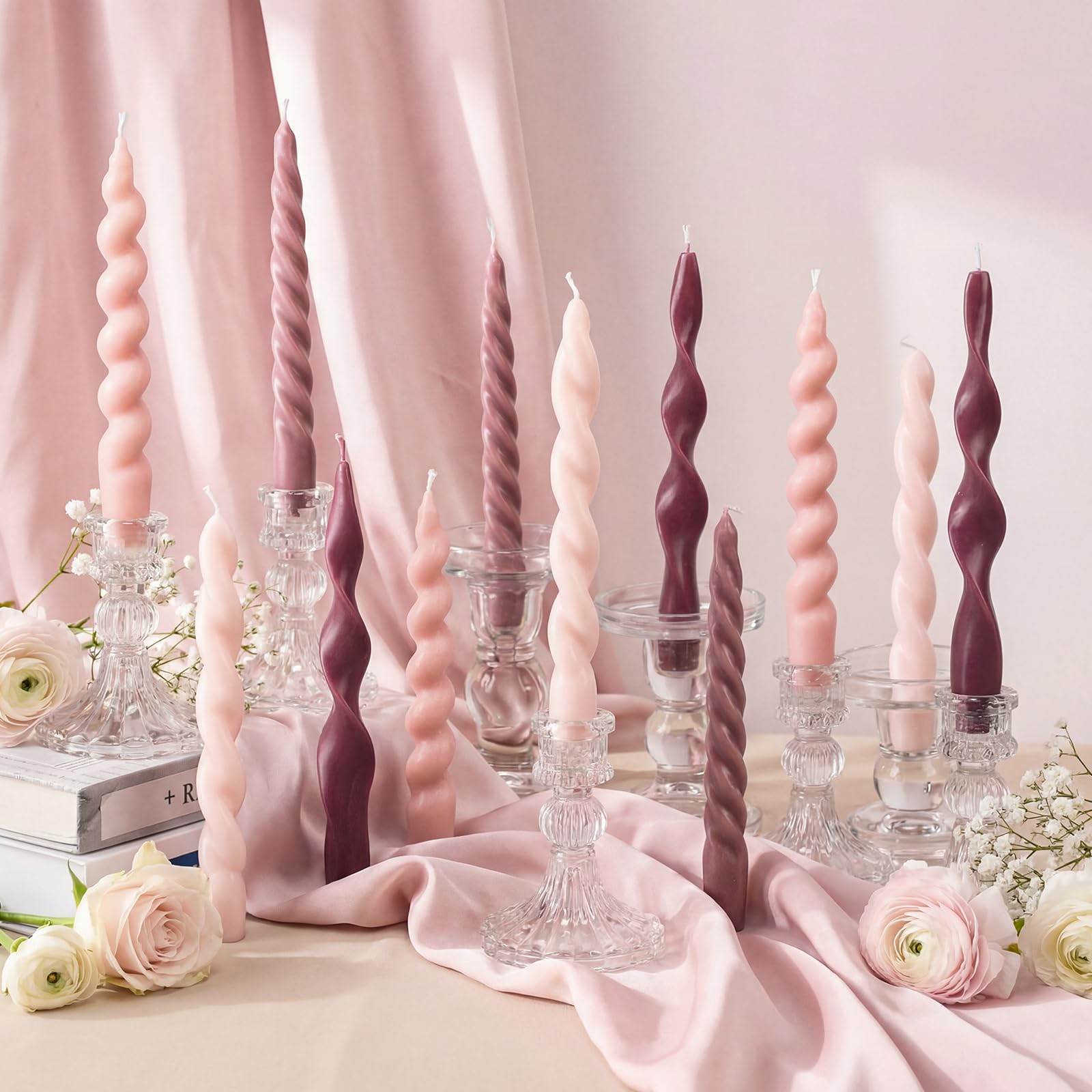 Photo 1 of Nuanchu 12 Pcs Pink Spiral Taper Candles Pastel Twisted Wax Candlesticks 7.5 Inch Pink and Red Short Spiral Scented Taper Candles for Wedding Bridal Shower Birthday Party Dinner Table Centerpiece