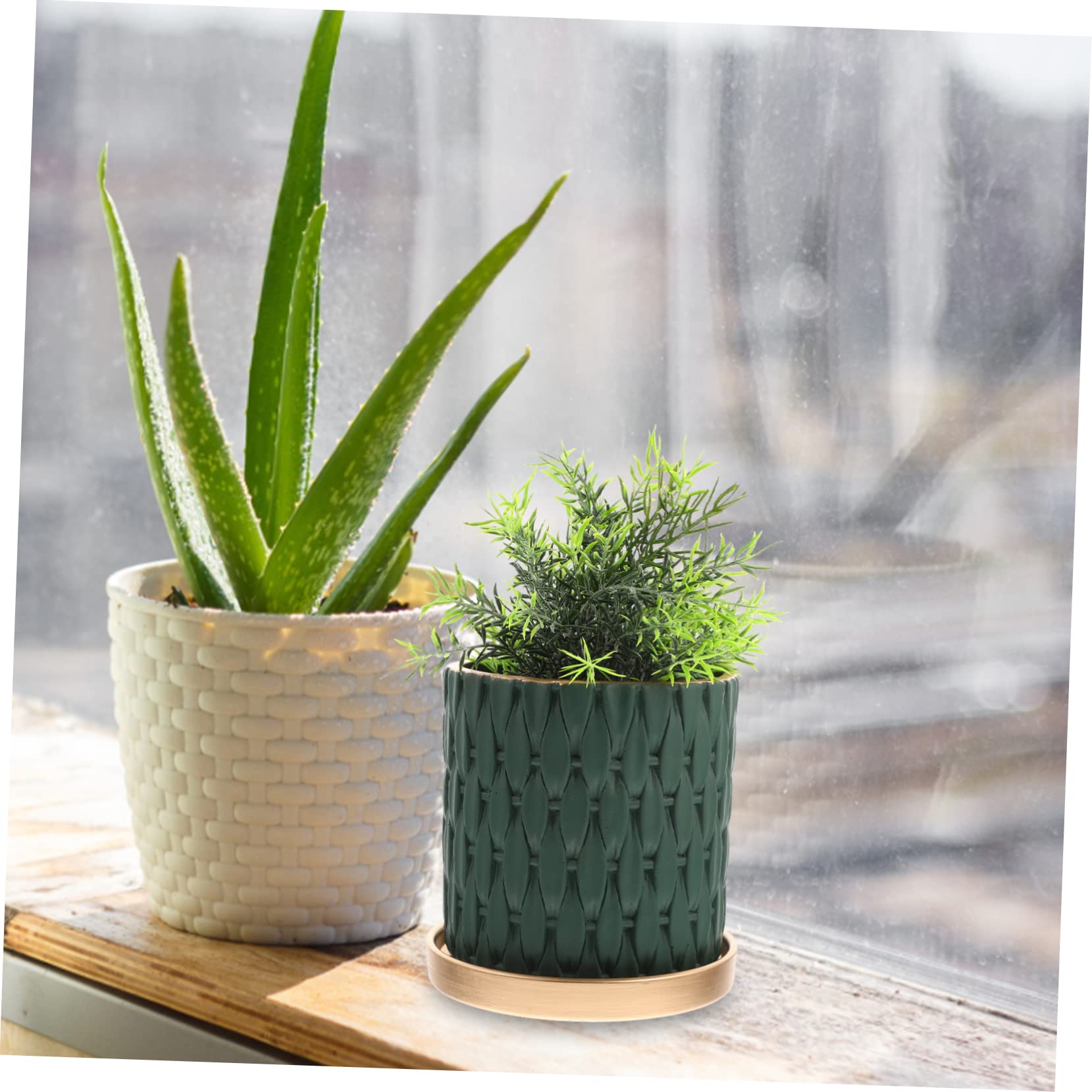 TOYANDONA Pot de Fleurs en Ciment avec Plateau Texture Agréable et Finition Soignée Style Européen Tressé Imitation Rotin, Jardinière Créative pour Plante D'intérieur ou Extérieur