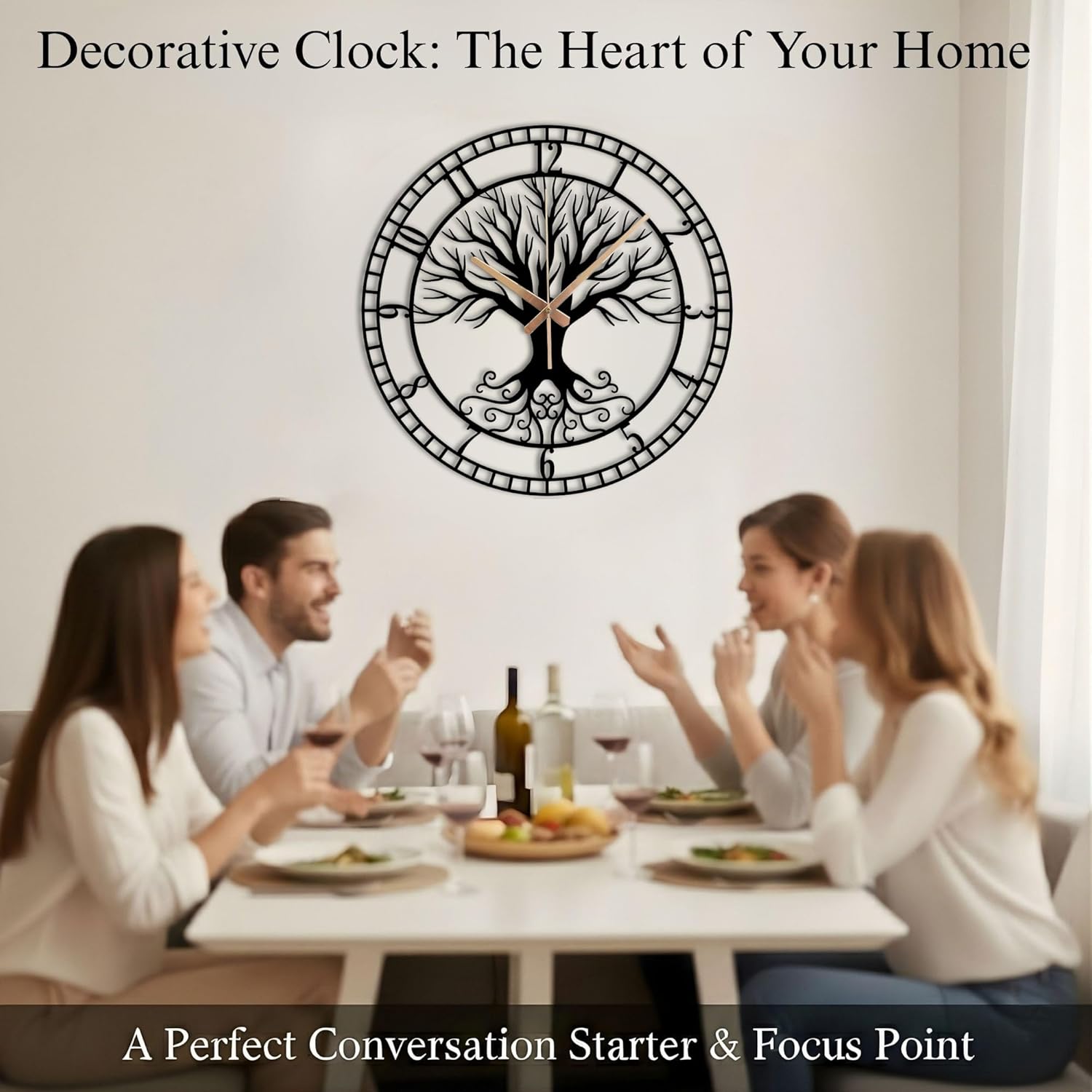 Metal Large Wall Clock, Tree of Life Design Clock, Battery Operated Non Ticking Silent Black Clocks for Home, Living Room, Farmhouse, Office, Kitchen Decoration, Housewarming Gifts, New Home Decor