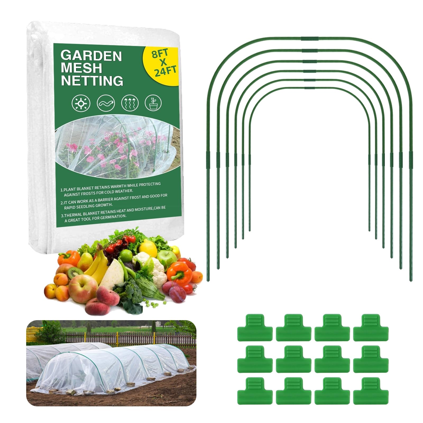 Garden Netting Kit 8x24ft + Steel Hoops