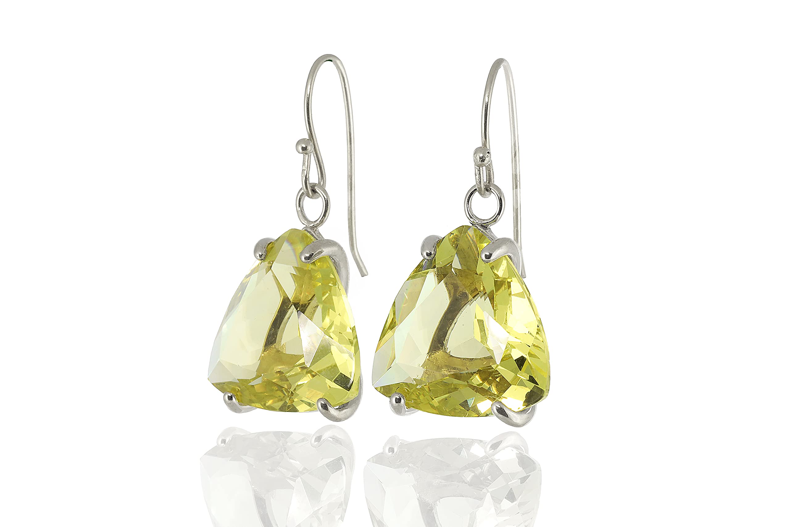 Pendientes de Plata de Ley - Corte Trillón Cuarzo Limón - Gema en Forma de Triángulo - Engaste de 4 Puntas - Pendientes Colgantes Largos - Joyería de Moda y Alta Calidad