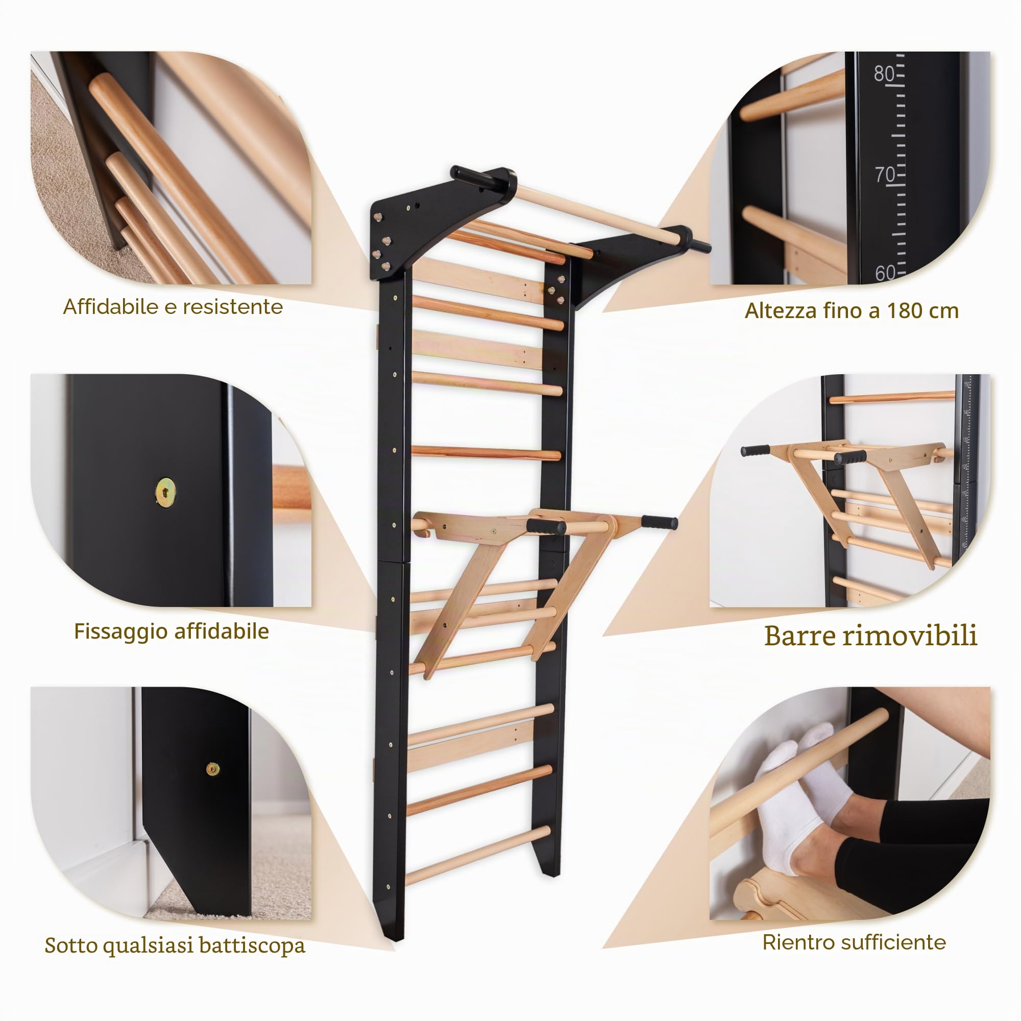 Spalliera Svedese con Barra per Trazioni e Parallele per Bambini e Adulti – Parete da Arrampicata in Legno, Attrezzo Fitness Multifunzione con Impugnatura per Trazioni (Nero)