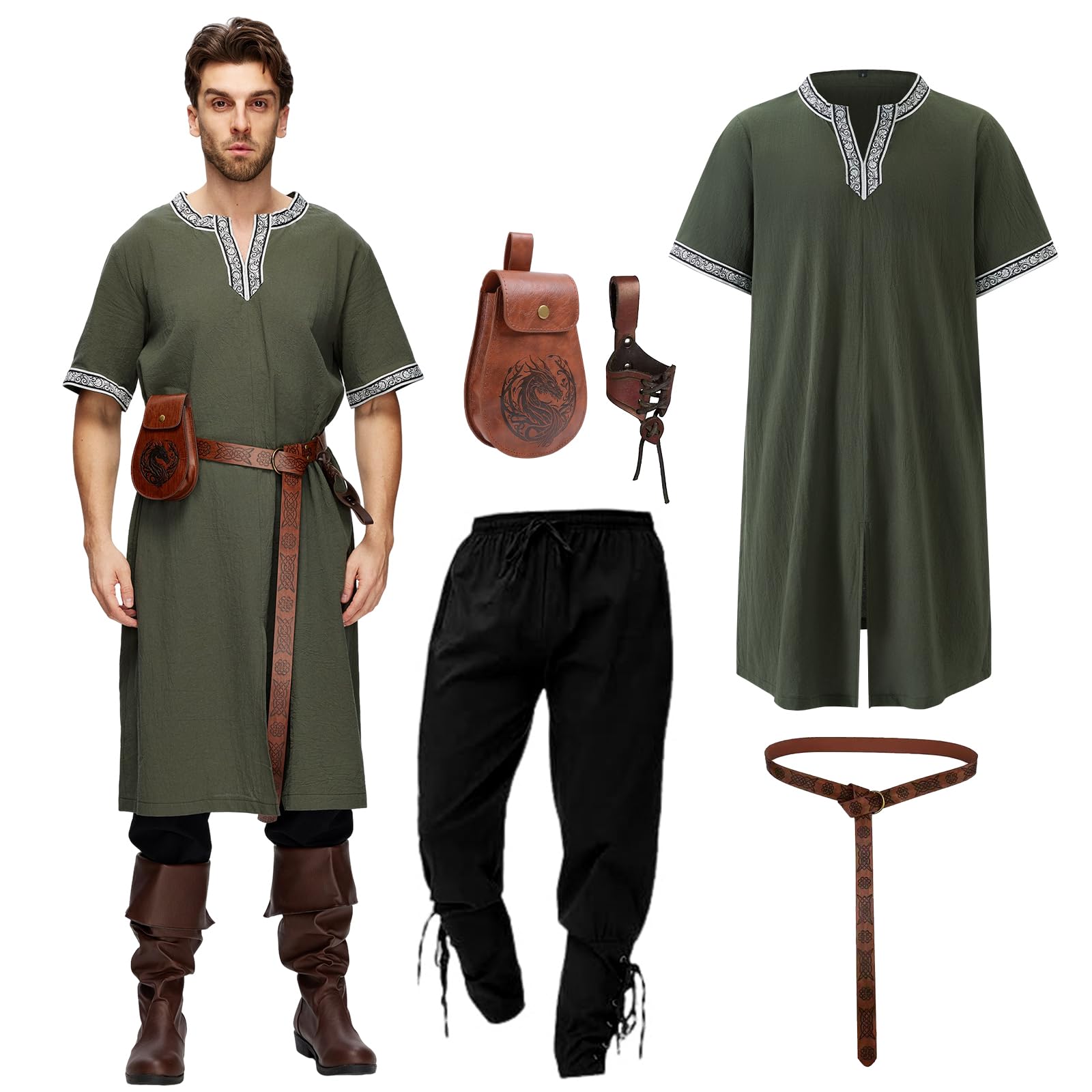 Mittelalter Kleidung Herren Set, 5 Stück Renaissance Kostüm, Kurzarm Tunika Hose mit Zubehör, Erwachsener Wikinger Viking Ritter Outfit für Halloween, Karneval, Mittelalterfest, Faschingskostüme
