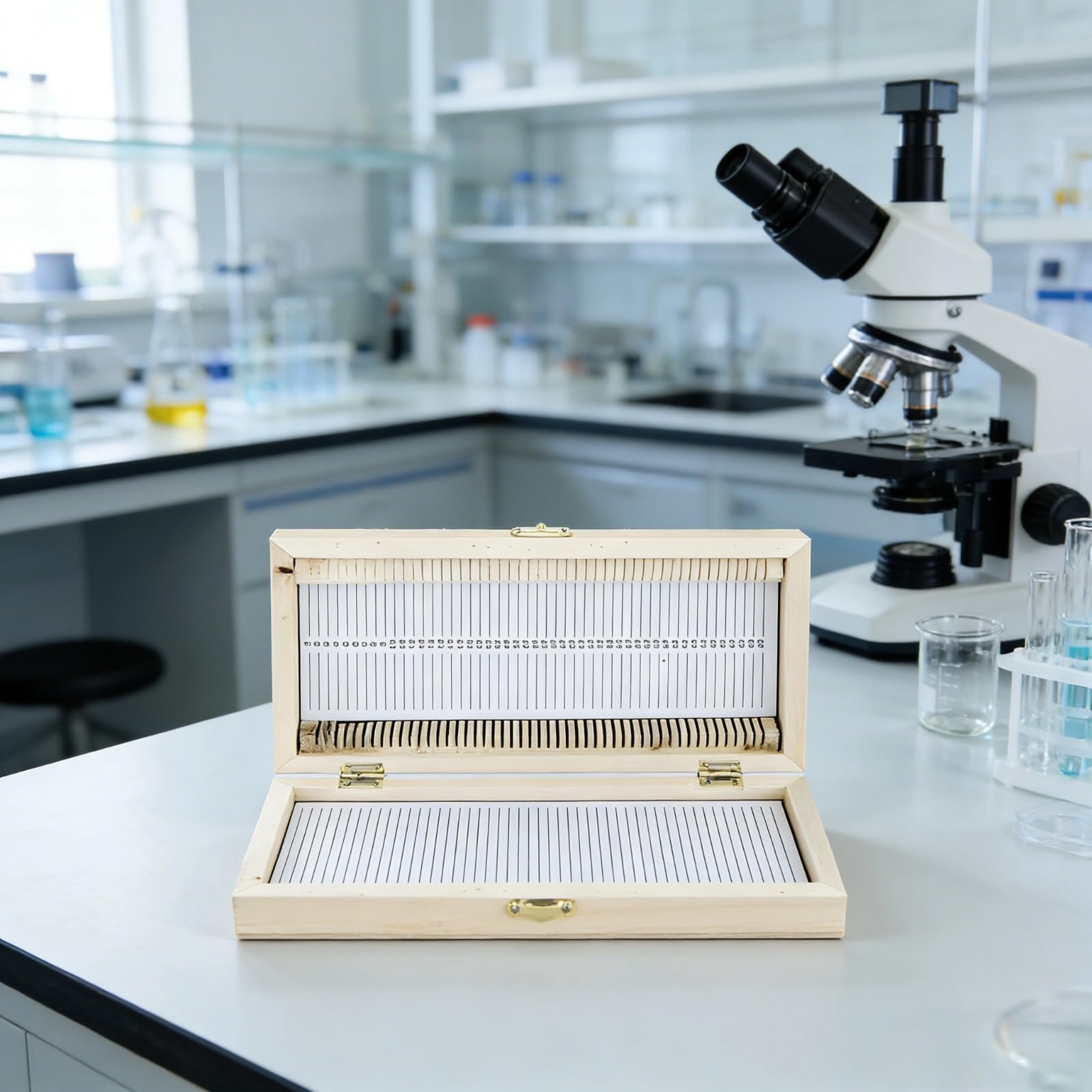 Mikroskop-Objektträger Aufbewahrungsbox aus Holz für 50 Objektträger, mit Schloss und interner Nummerierung, leicht, 25 x 12,6 x 5,5 cm, für die Sammlung biologischer Proben