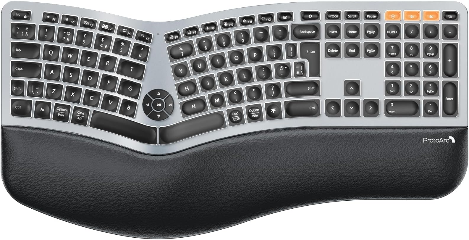 EK01 Plus Backlit Wireless Ergonomic Keyboard with Wrist Rest | Split Full Size Layout, Bluetooth/2.4G USB, 3 Devices Switch, USB-C Charging, Natural Typing for Windows/Mac/Android