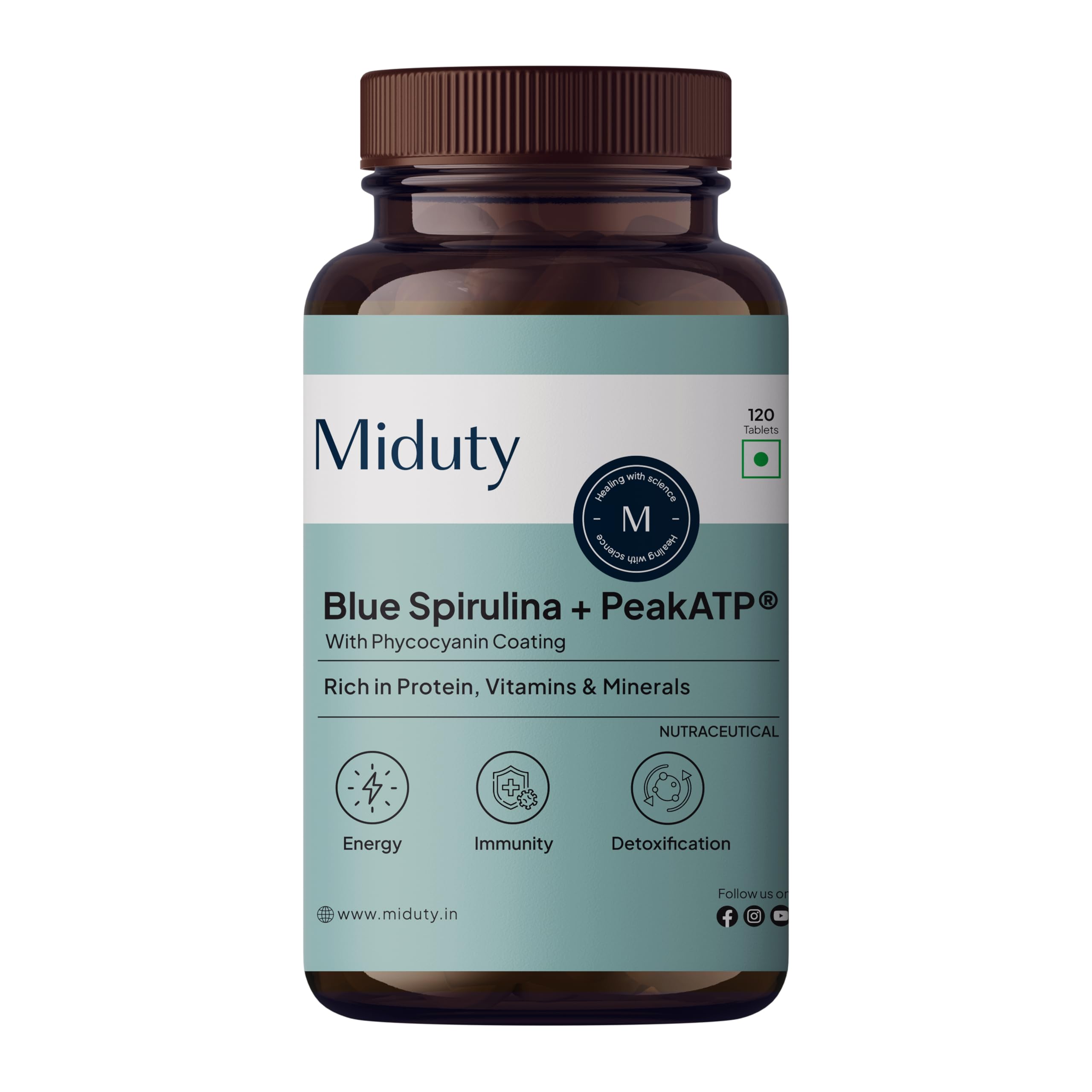 Miduty Blue Spirulina + Peak ATP - Energy & Muscle Fatigue Support - 40+ Nutrients, 65% Plant Protein, Phycocyanin-Rich Superfood - Immunity & Detox Support - 120 Tablets