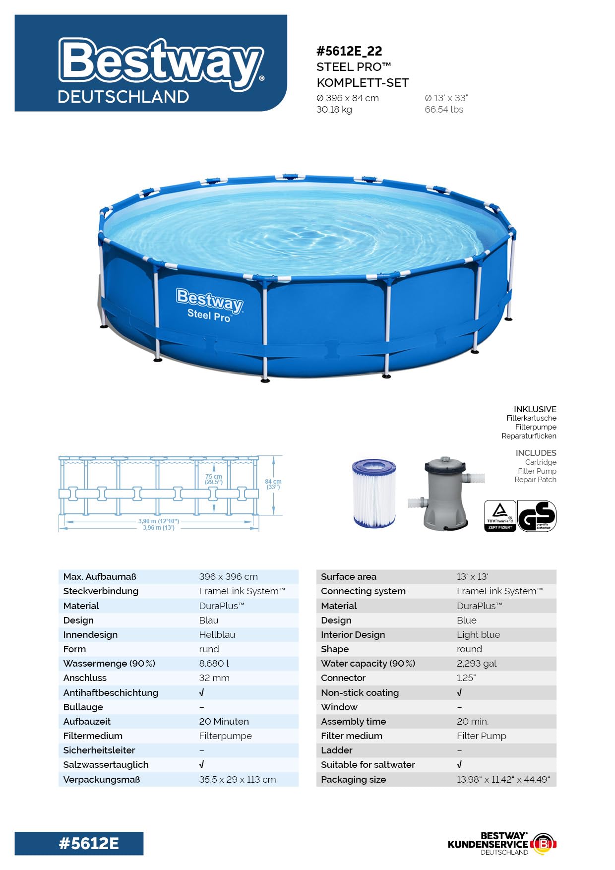 Bestway Steel Pro Frame Pool-Set Ø 396 x 84 cm mit Filterpumpe, blau, rund