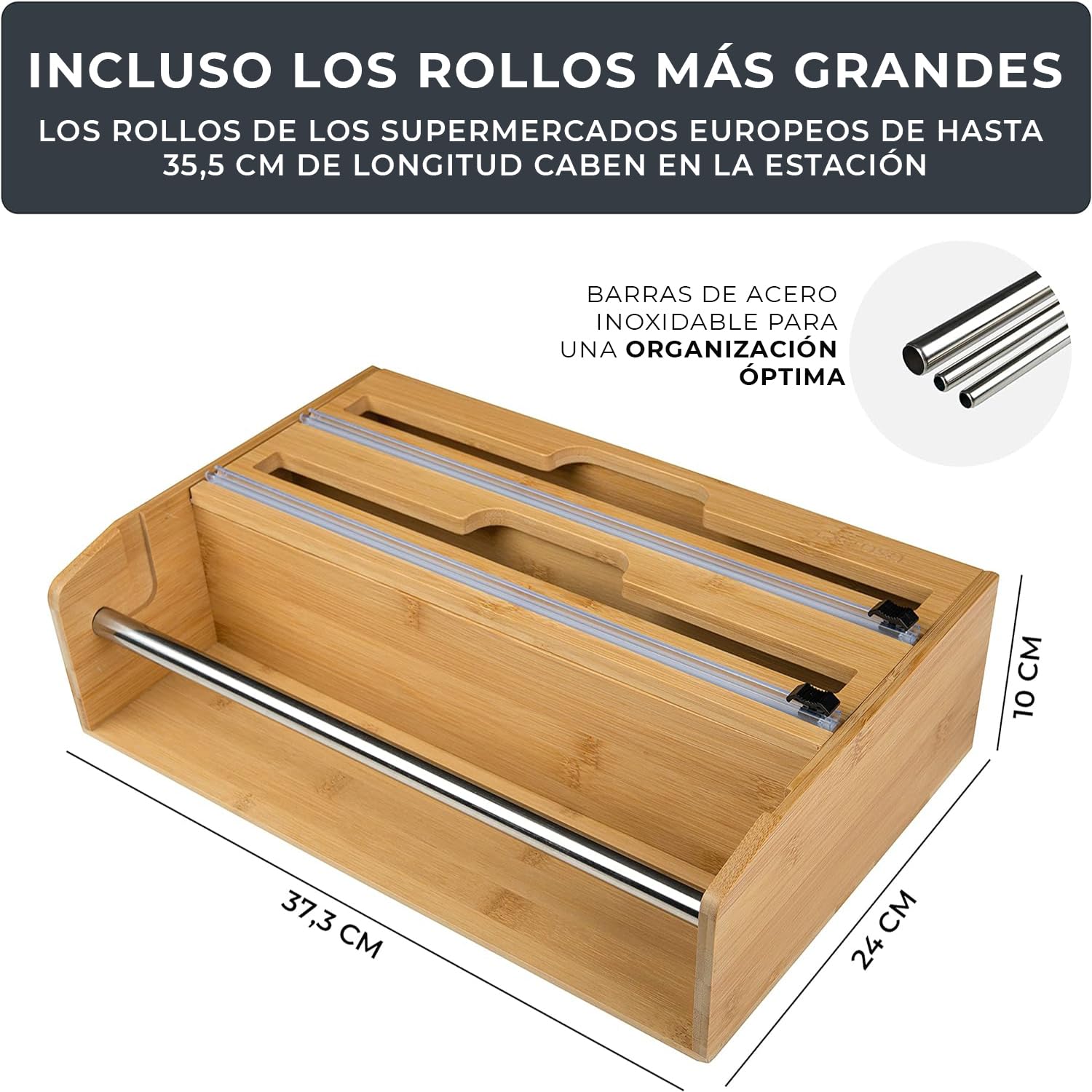 EXITOSO Zewa - Cortador de papel de aluminio de bambú, soporte para rollos de pared para cocina, dispensador de papel de cocina, sin taladrar, madera, soporte para rollos de cocina