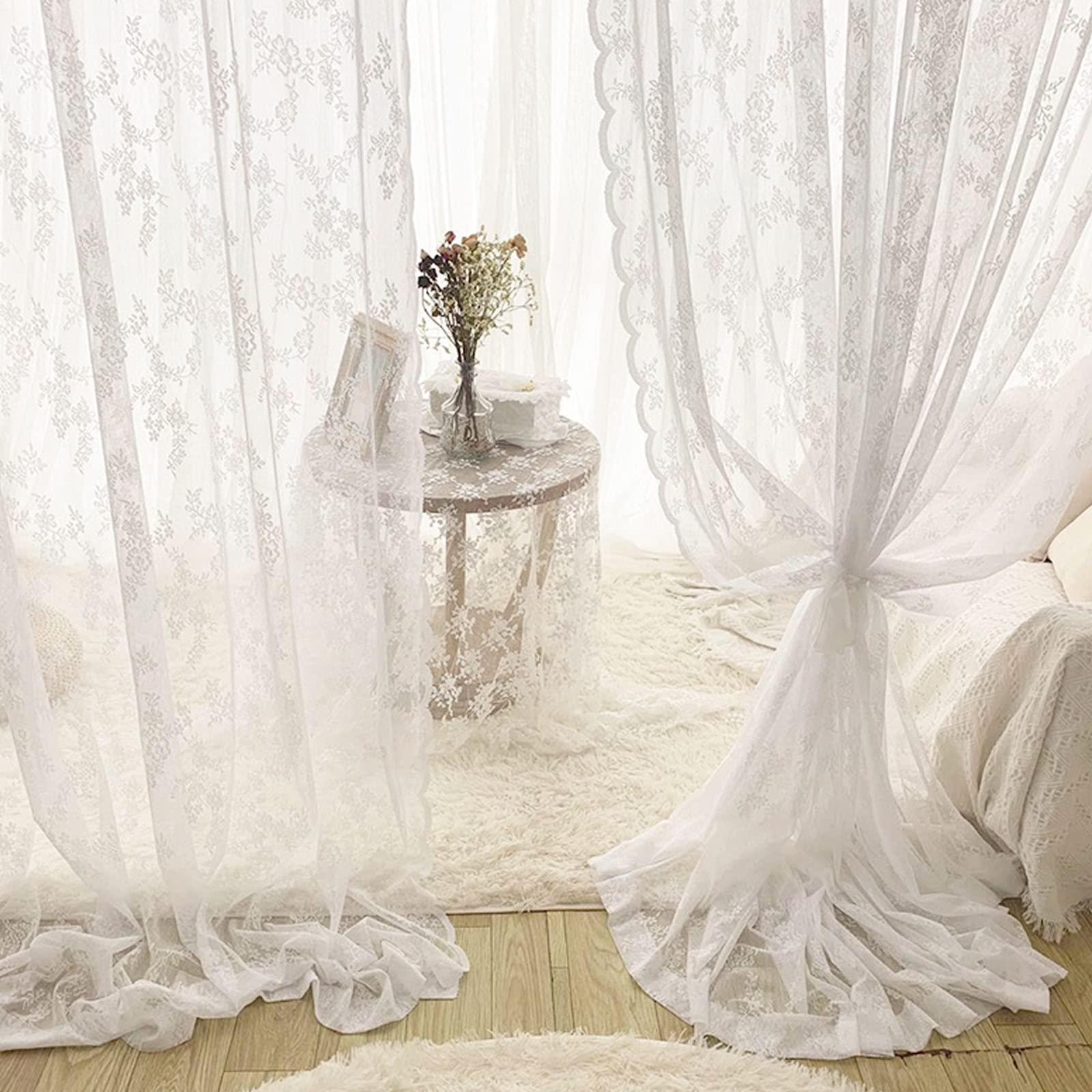 ホワイト花柄刺繍レースカーテン 2枚組 【公式通販】