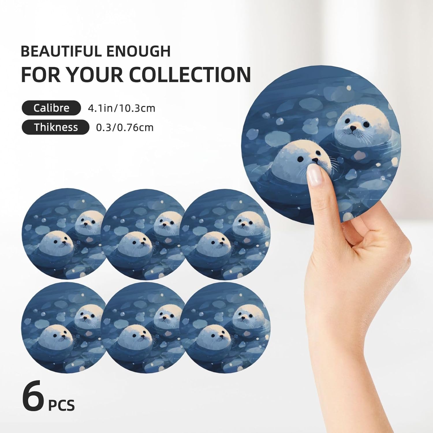 (Little Seals) Ceramic Coasters Set of 6 with Holder Non-Slip Round Coffee Coasters for for Cup Mug Drink Patio Coffee Table Decor, Christmas Coasters Home Bar Supplies