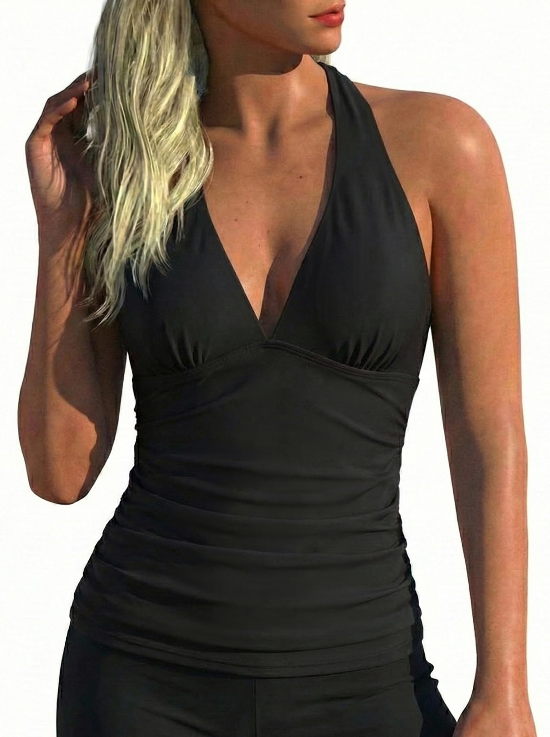 Women's Tankini Bathing Suit Plunging V Neck Halter Swim Tops Shirred Tummy Control Tankini Top