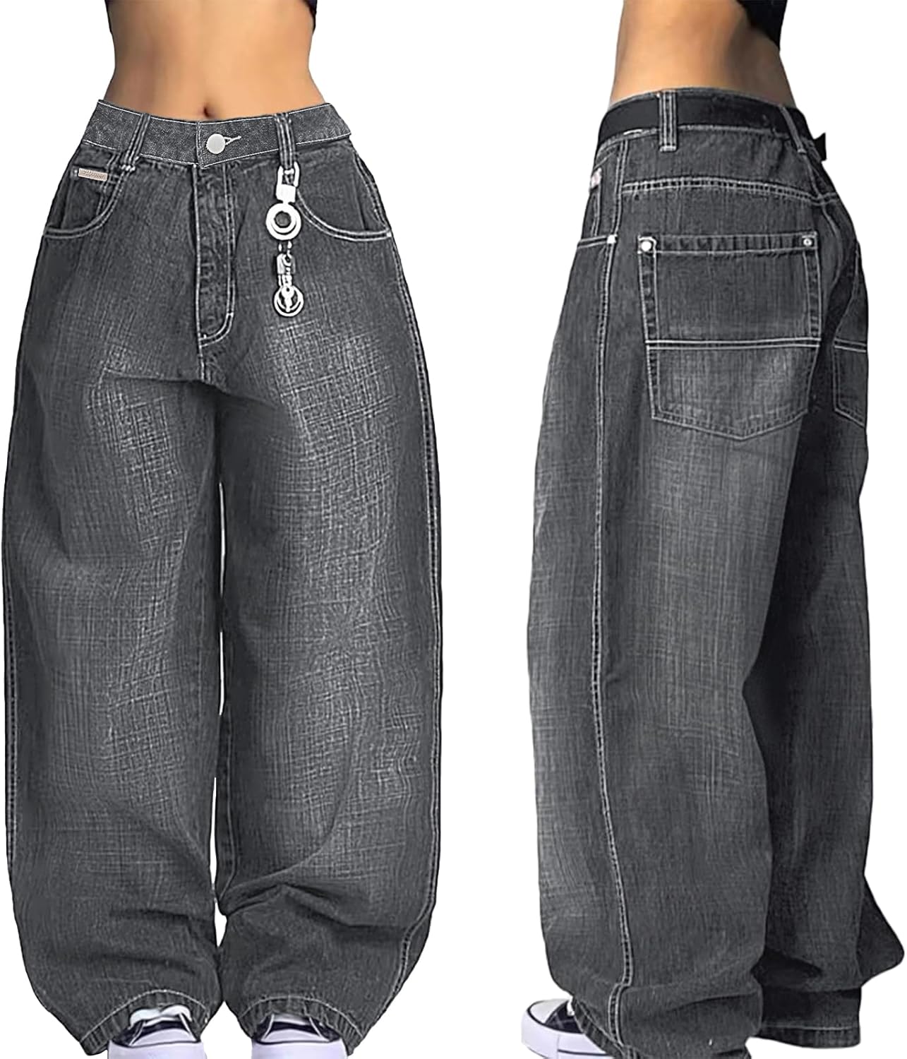 EMMIOL Women Boyfriends Hip Hop 90s Vintage Baggy Jeans Loose Denim Pants Mid-Low Waist Jeans