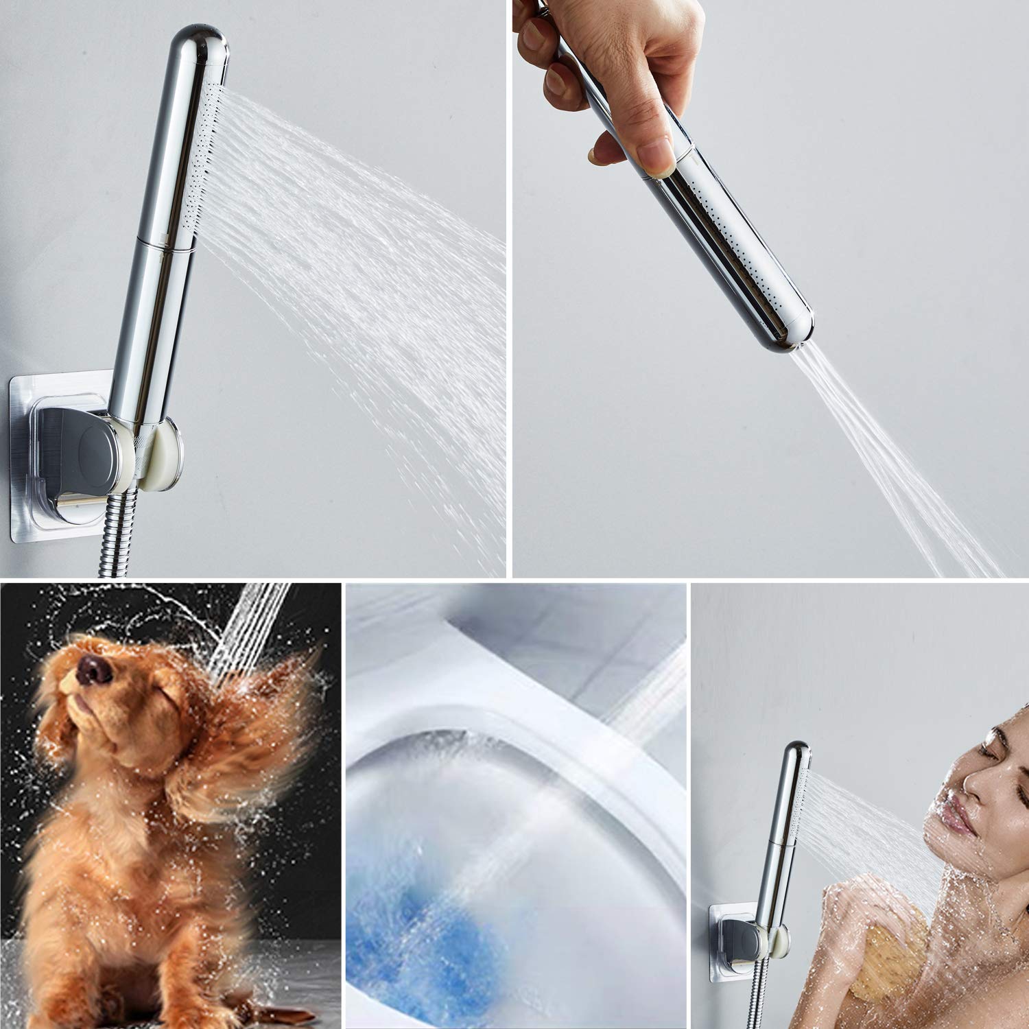 Handheld Showerhead Round Bar Solid Copper Bathroom Pressurized High Pressure Shower Sprayer Chrome Finished (Silver) (Silver) - Image 3