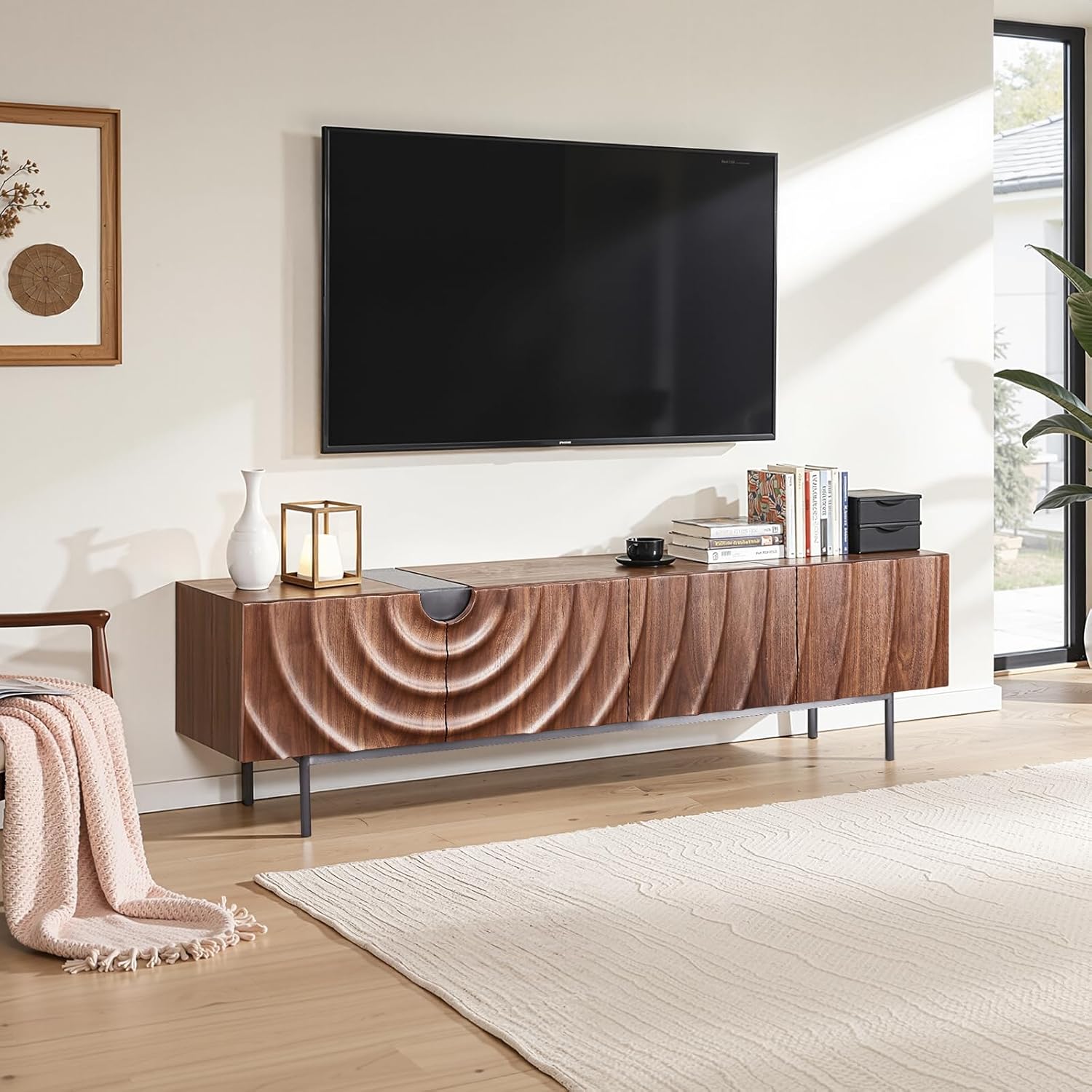 79" TV Stand with Storage for Living Room,Luxury Mid Century Modern Entertainment Center TV Console Table Fits TVs up to 90",TV Media Console Cabinet with Doors & Adjustable Shelves,Metal Legs,Walnut