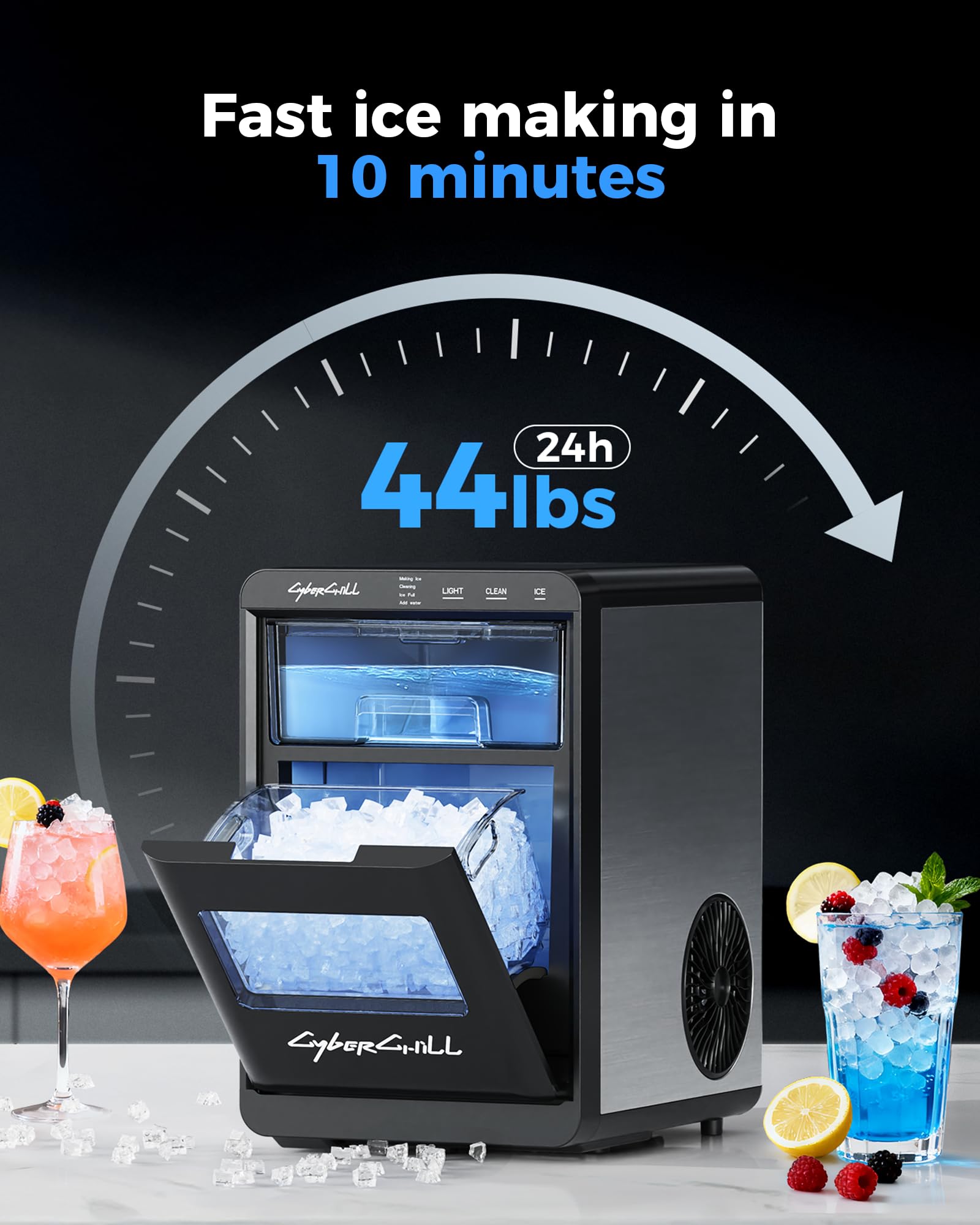 CyberChill Nugget Ice Maker Countertop 44lbs Per Day Pebble Sonic Ice Makers Machine Chewable Pellet Ice with Self-Cleaning Removable Water Tank See Through Window for Home/Kitchen/Office on Fridge.com