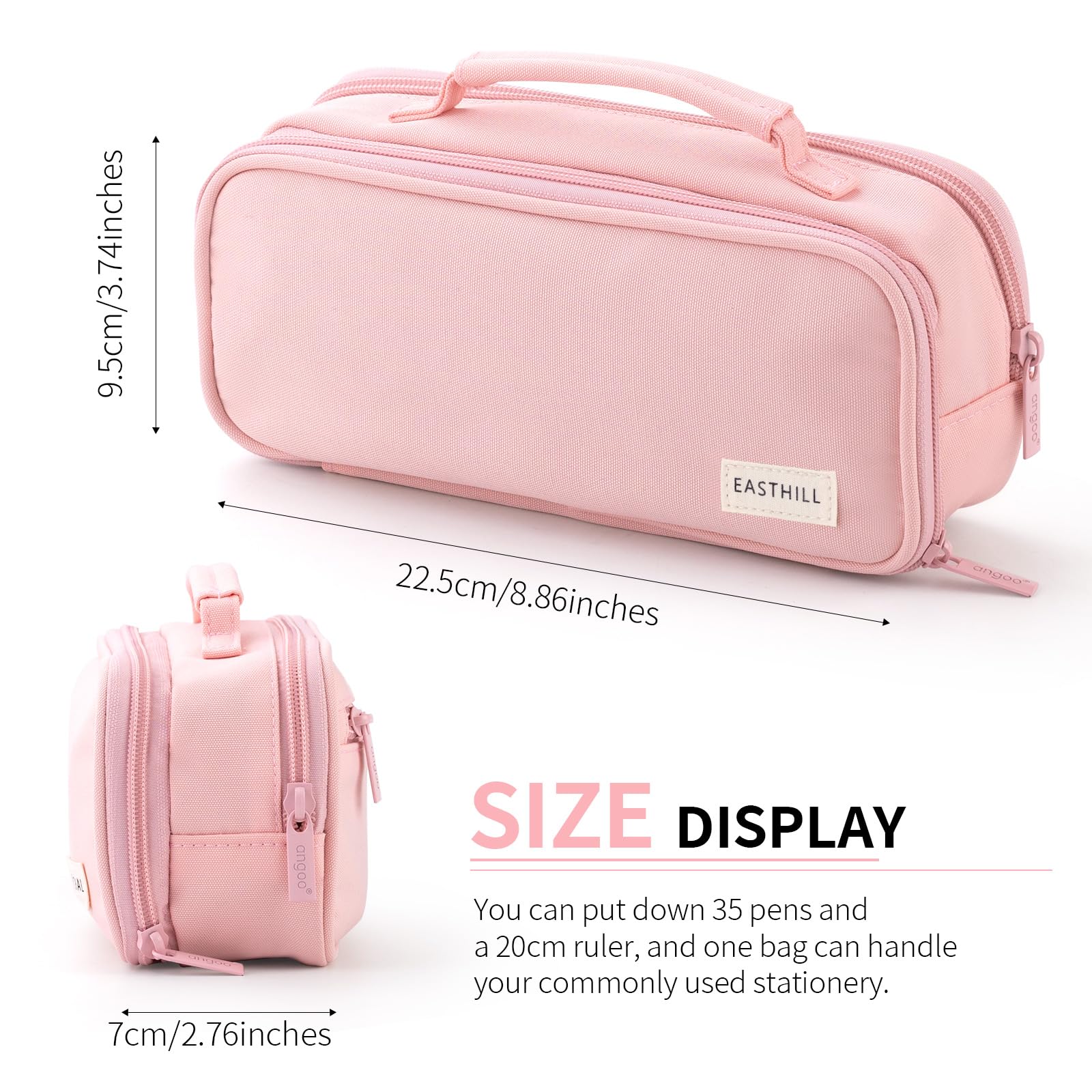 EASTHILL Large Capacity Pencil Case Pen Pouch Organizer Canvas Pencil Bag with Handle School Supplies (Pink) - Image 3