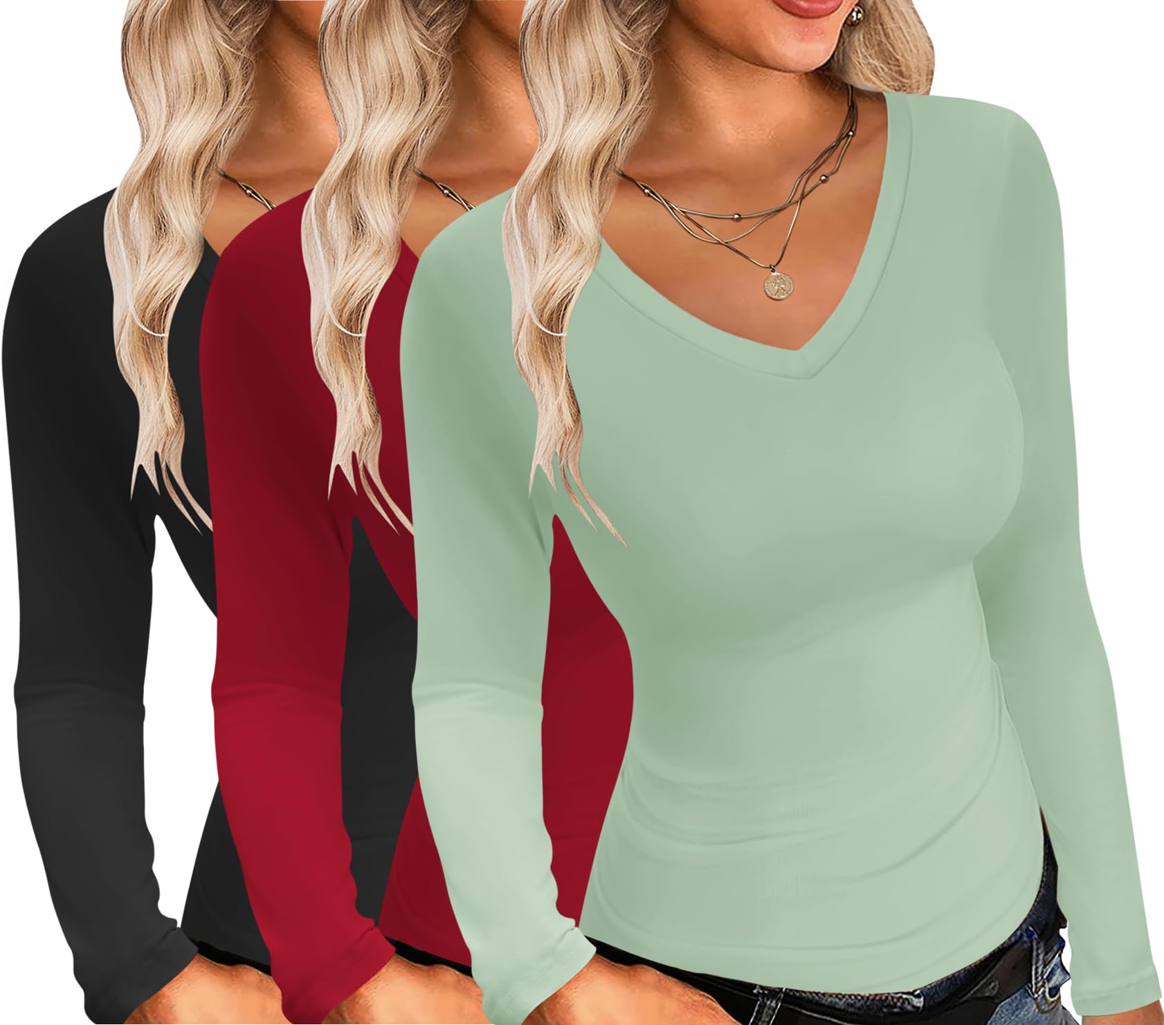 Ekouaer Womens 3 Pack Long Sleeve Shirts V Neck Slim Fit Lightweight Layer Tops 2024 Fall Clothes Thermal Undershirts