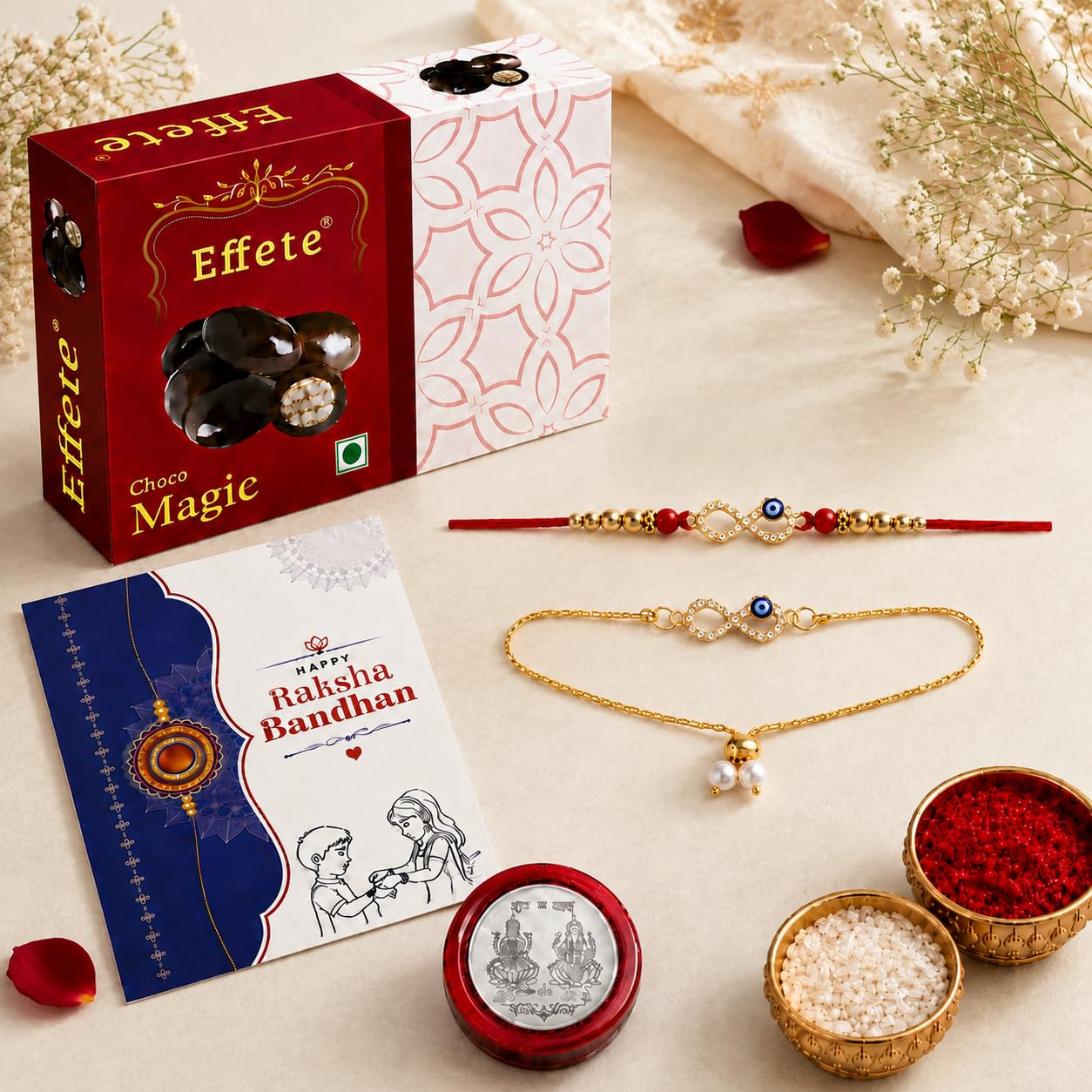DeoDap Infinity Evil Eye Rakhi for Brother and Bhabhi β Rakhi Set of 2 with Choco Magic Chocolate 32gm, Pooja Coin, Roli Chawal & Card | Gift Hamper for Raksha Bandhan