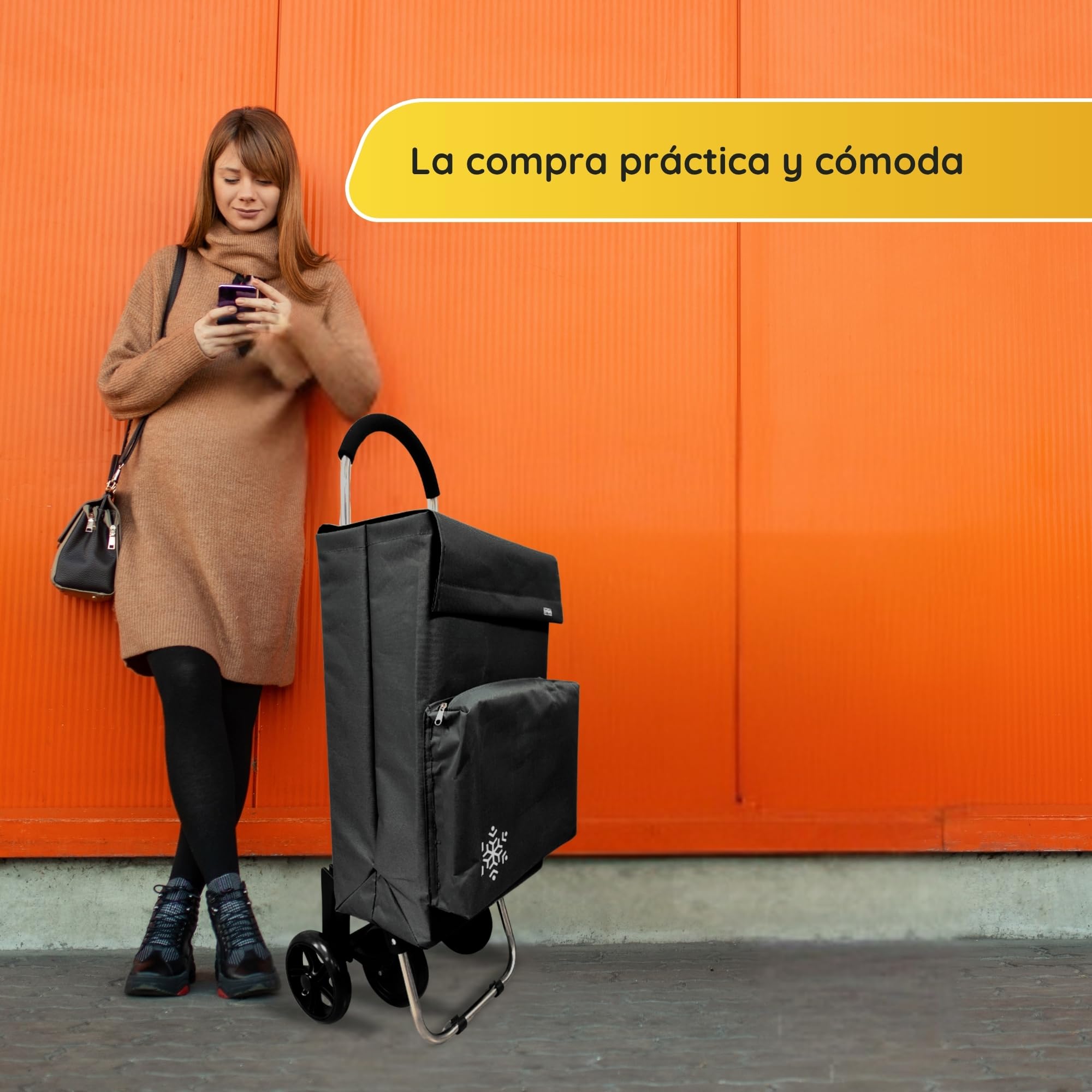 POPYS® Carro de la Compra de 50L + Gancho Multiusos de Regalo con Compartimento Refrigerante | Carrito Compra de 4 y 2 Ruedas Ideal para Supermercado (Requiere Montaje) (Negro.) — view 6