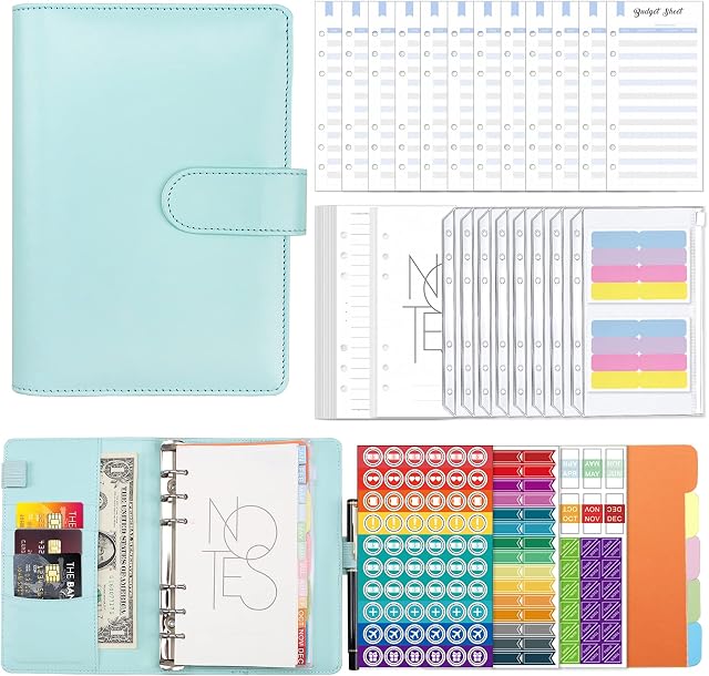 ISOI Budget Binder Set, Ring Binder Notebook, Budget Planner with Zipper Cash Envelopes, Budget Sheets, Label Stickers, Cash Organizer Money Saving Wallet for Travel Diary (Blue)