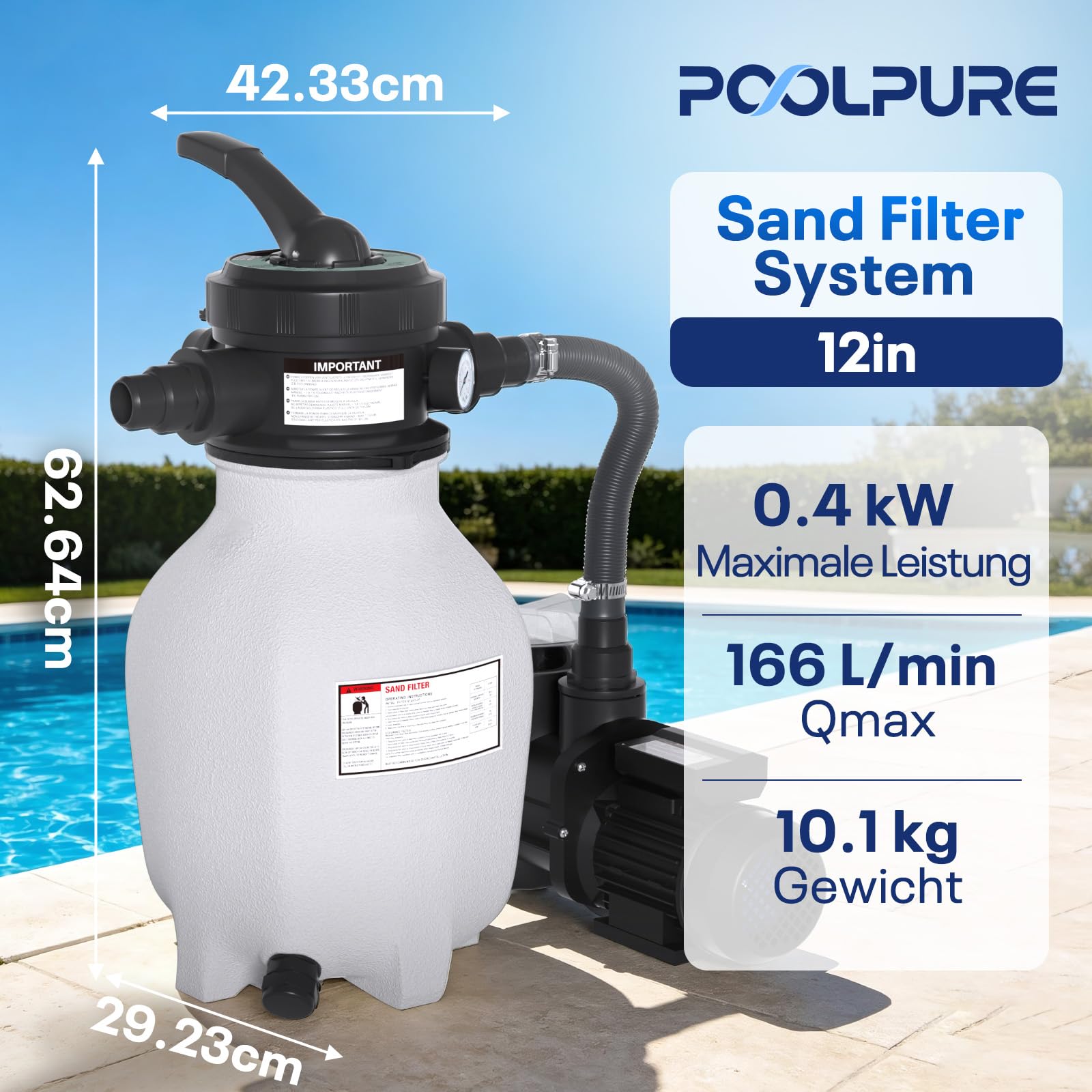 POOLPURE Sandfilteranlage 6 m³/h inkl. 700g Filterbälle | 7-Wege Ventil & 2in1 Adapter Ø32mm - 38mm | Poolfilter mit Druckanzeige | Ersatz für Filtersand Filteranlage für Schwimmbecken
