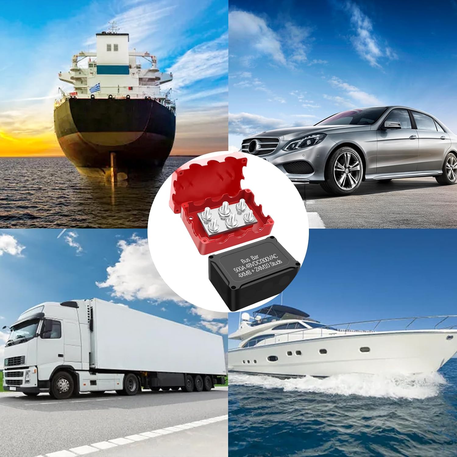 500A Marine Bus Bar Heavy Duty Power Distribution Block, Battery Busbar, Waterproof Automotive Buss Bar with 4X 5/16" (M8) +2X 3/8" (M10) Studs for Car, Boat and Solar Wiring (Black+Red)