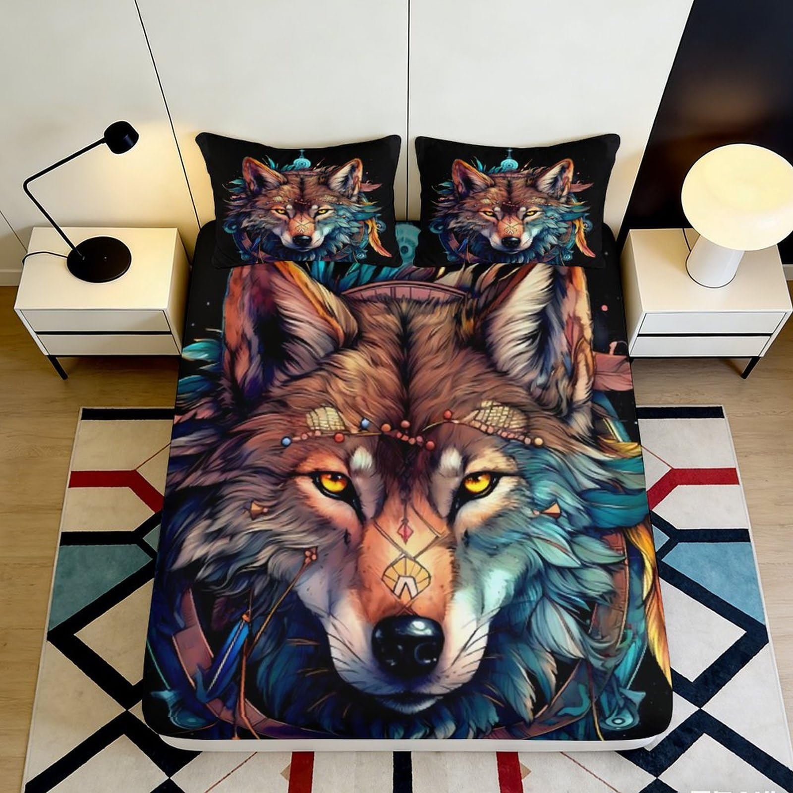 3D Printed Wolf Spirit Fitted Sheet Microfiber Soft Breathable Tribal Art Bed Cover for Bedroom Guest Room Decor 90x200x25cm