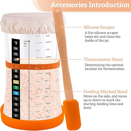 Miniatura 3 de Tyniaide Tarro de masa madre de 50 onzas con termómetro, raspador, cubierta de tela y tapa. Kit de tarro de masa madre reutilizable para panadería