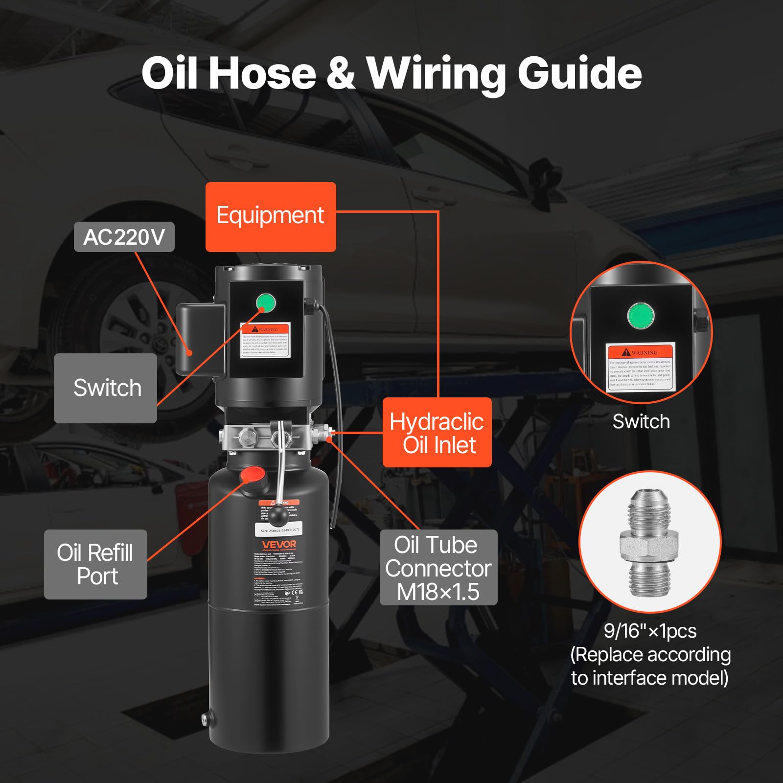 VEVOR Unità di Potenza per Pompa Idraulica, Unità Idraulica a Semplice Effetto da 10 L, Portata Olio 6,3 L/min, Pressione di Scarico Massima 22 MPa per Autocarri con Cassone Ribaltabile, Nero