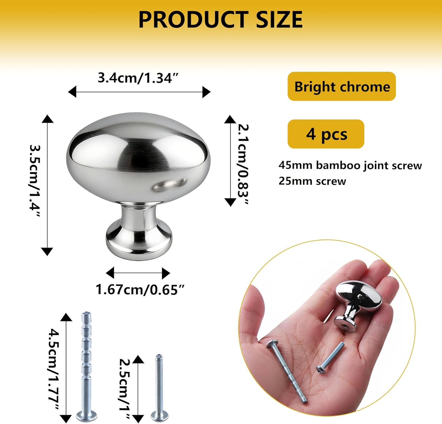 4 Pack Polished Chrome Cabinet Knobs, 1-3/8 Inch (35mm) Solid Zinc Alloy Oval Drawer Knobs for Dresser Drawers, Vintage Egg Shaped Cabinet Hardware for Cupboard, Wardrobe & Bathroom Vanity