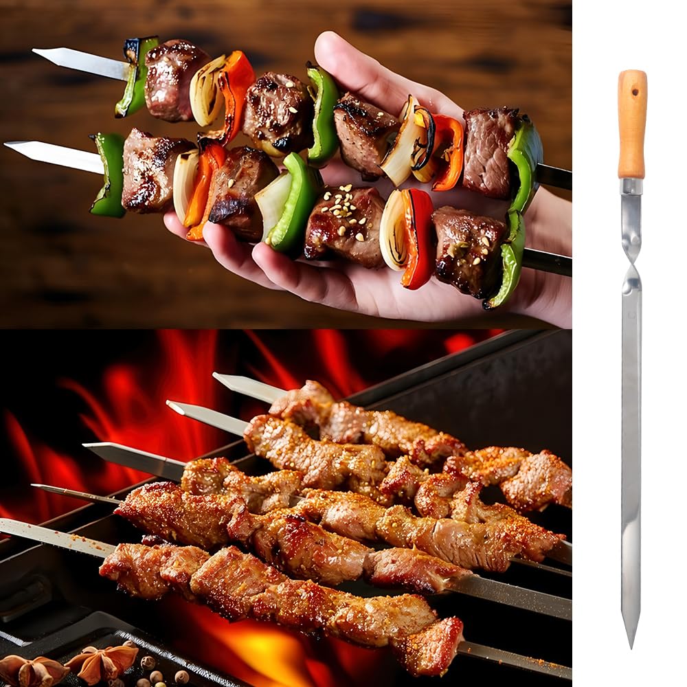 ZMC 20 spiedini per kebab da 55 cm, in acciaio inox, 2 cm di larghezza, 2 mm di spessore, con manico in legno, antiruggine, per carne, verdure, pesce, stabili e riutilizzabili per barbecue e barbecue