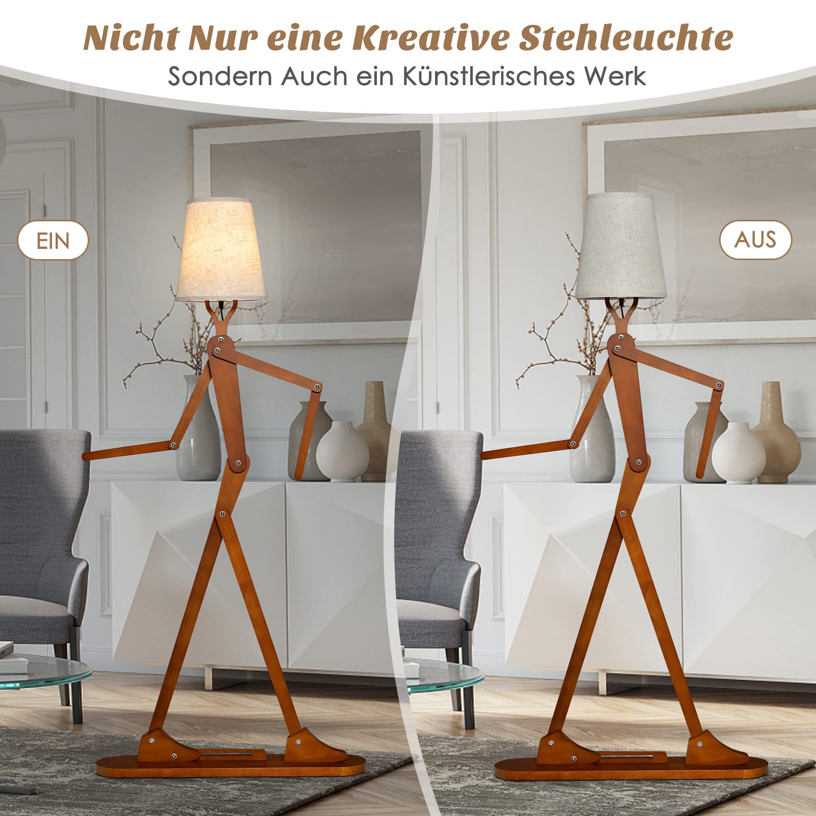 COSTWAY Geile Poseable Art Figure Stehlampe aus Holz, Lustige Stehleuchte, dekorative humanoide Eckleuchte mit verstellbaren Gelenken, Leselampe im kreativen Kunststil für Wohnzimmer & Schlafzimmer