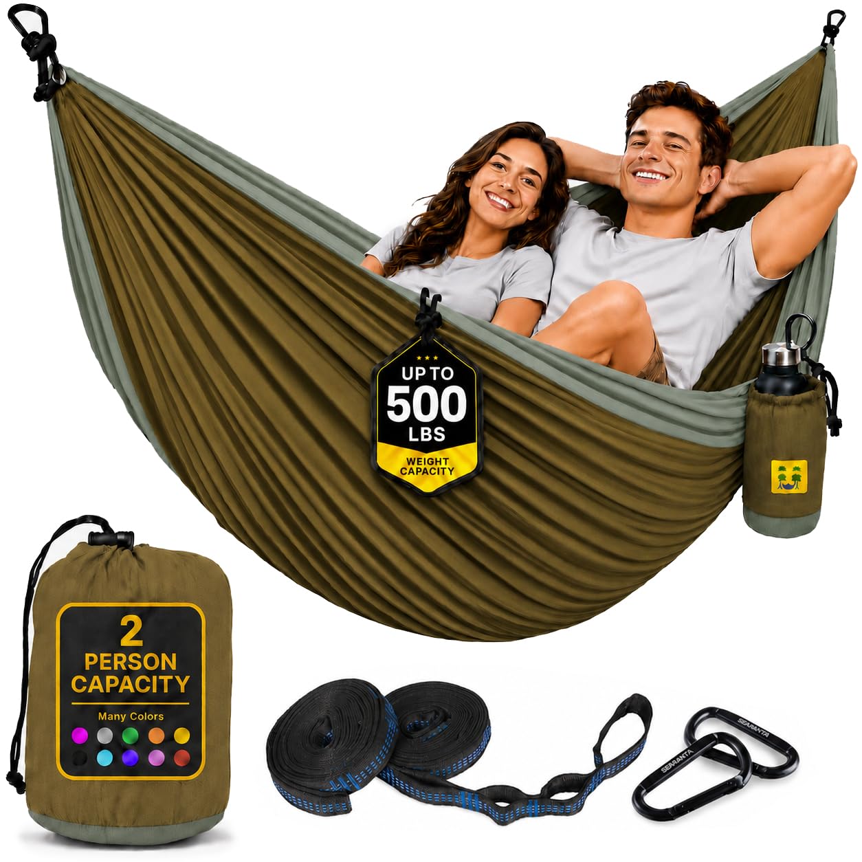 Durable Hammock 500 lb Capacity, Nylon Camping Hammock Chair - Double or Single Sizes w/Tree Straps and Attached Carry Bag - Portable for Travel/Backpacking/Beach/Backyard (Large, Khaki &amp; Dark Green)