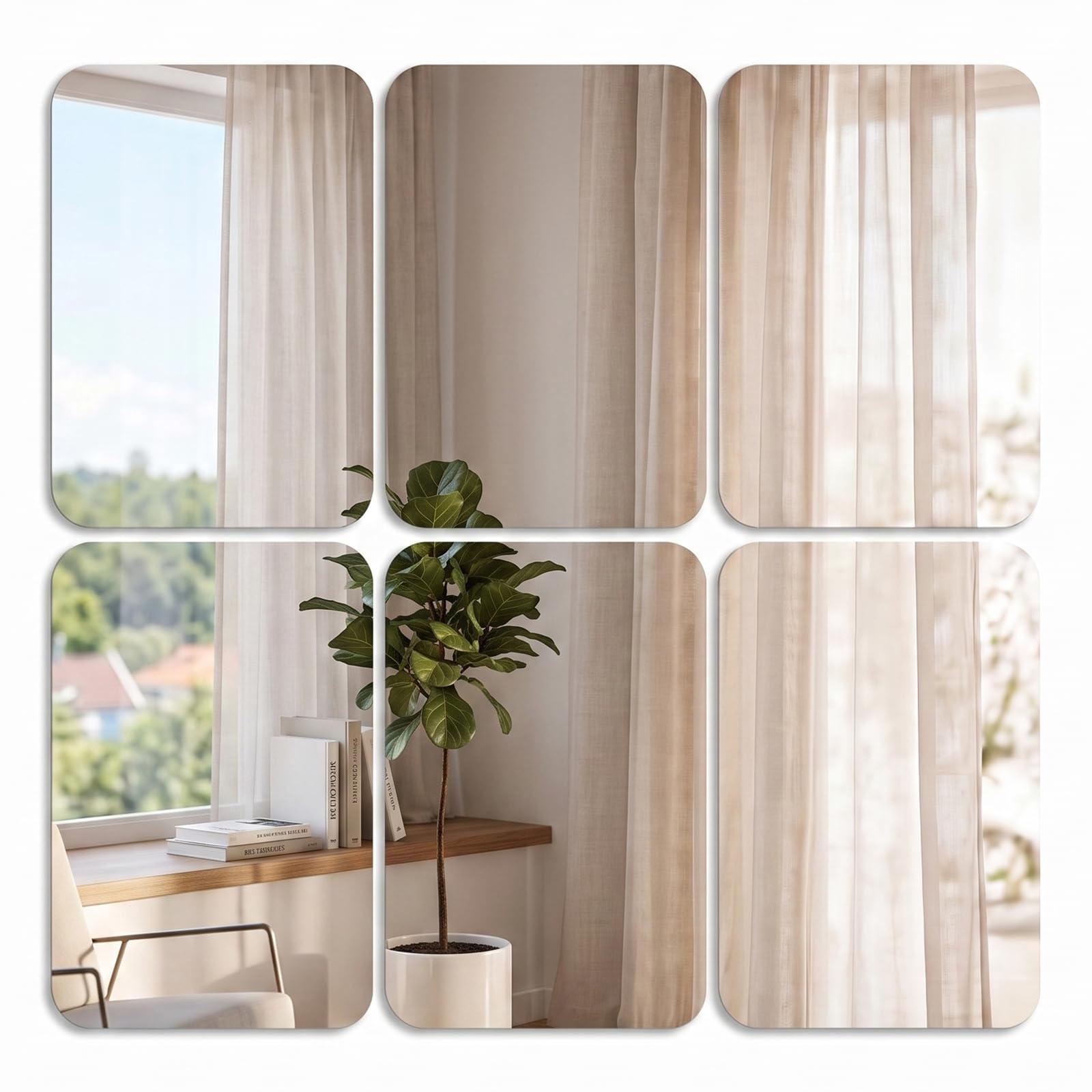 Hounyou 6 Pcs Acrylic Self Adhesive Mirror, Stick on Mirrors for Walls Wardrobe Doors Tiles 11.8x7.87in