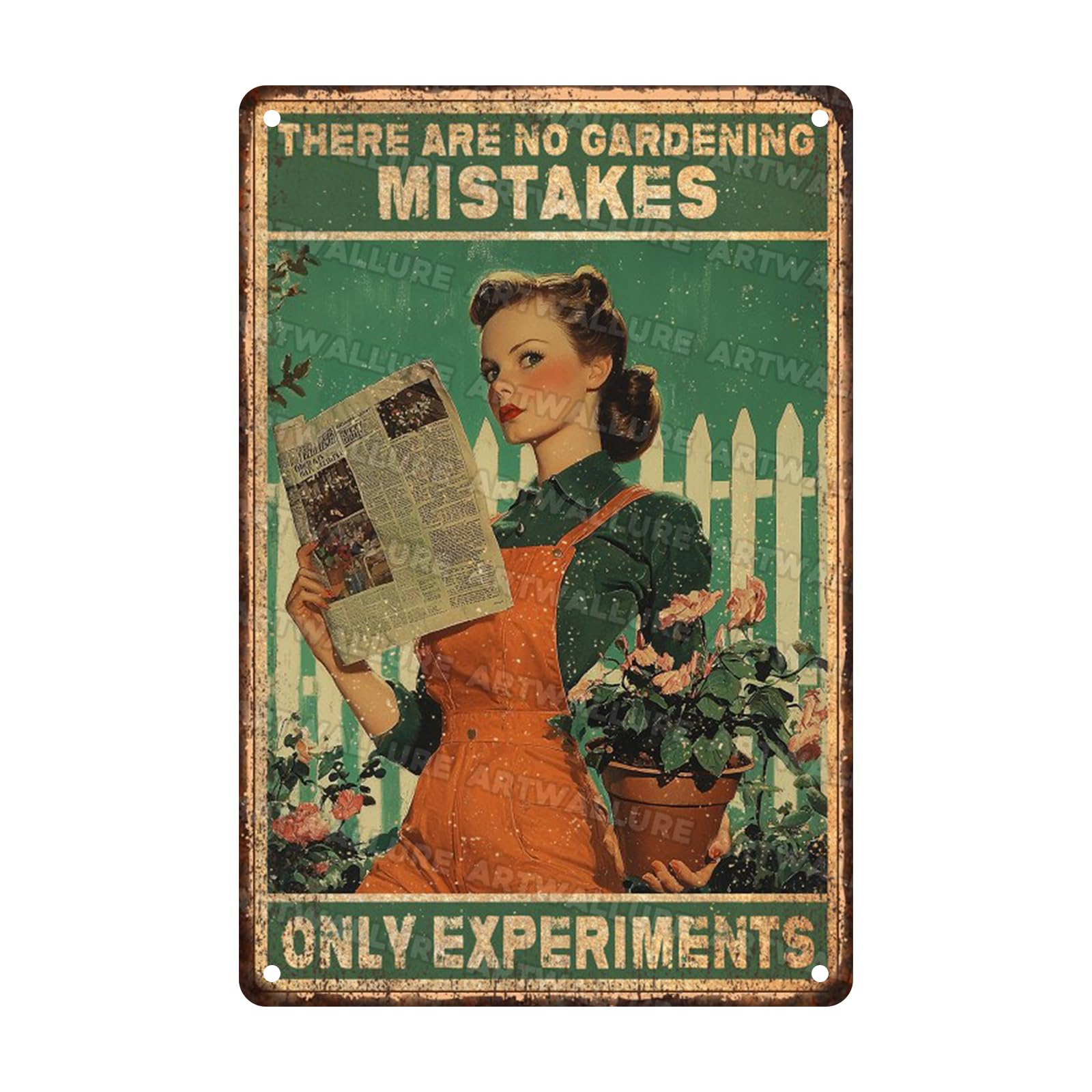 Gardening Girl Metal Tin Sign Rustic Wall Decor Vintage Botanical Art There Are No Gardening Mistakes Only Experiments Quote 8x12inch