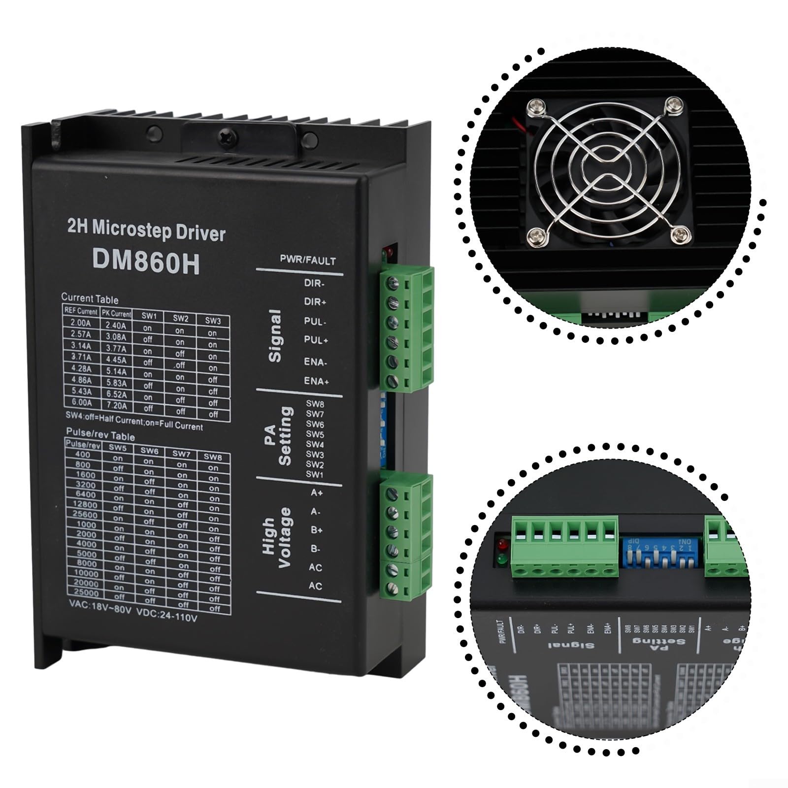 Controlador de velocidad del motor de CC, 24V-110V DC/18V-80V AC DM860H para DSP Controlador digital de motor paso a paso, para motor paso a paso 57/86