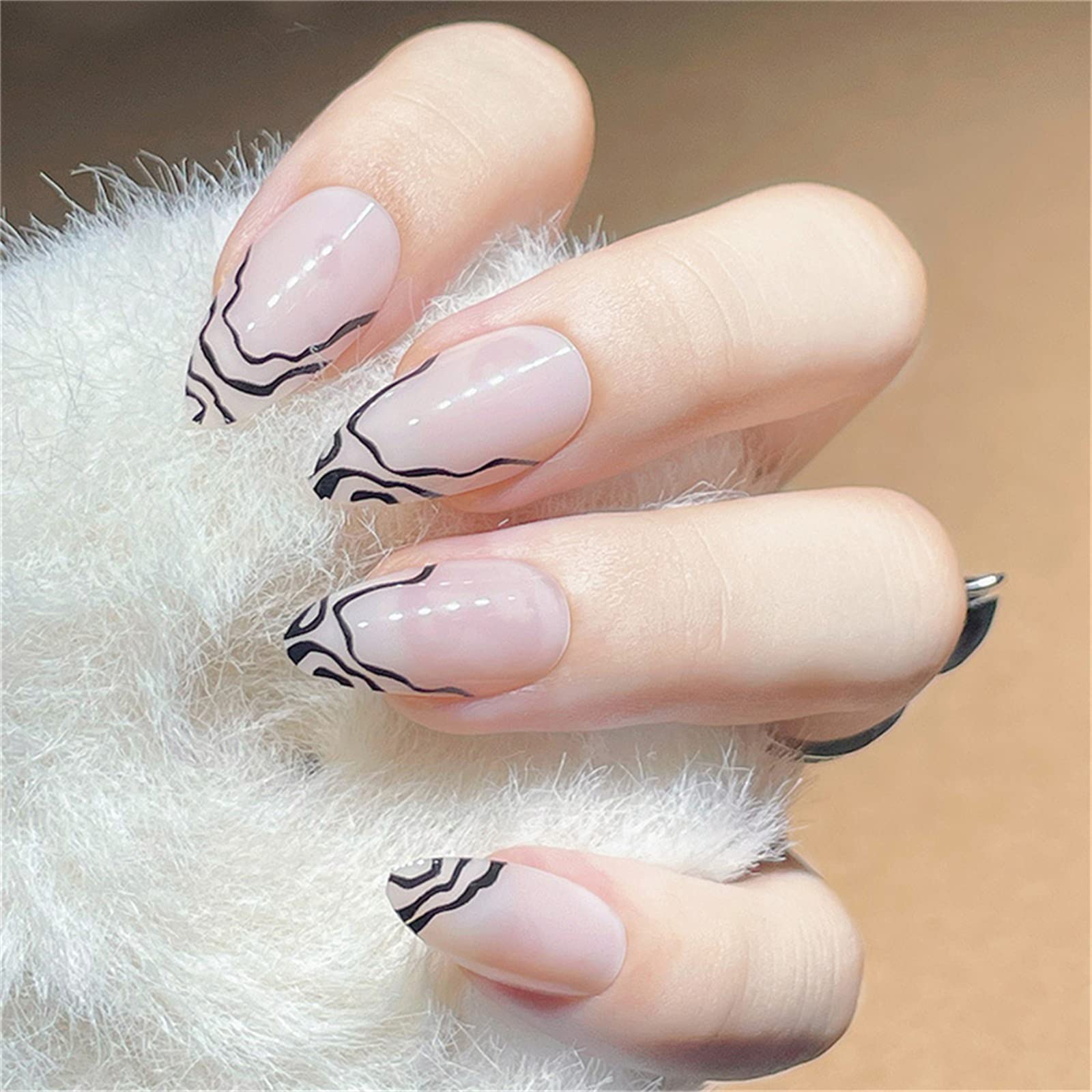 Unghie Finte Corte Copertura Completa con Colla Linee Nere Rimovibili Premere sulle Unghie 24 Pezzi Suggerimenti per Nail Art per Unghie per Saloni di Bellezza e Donne Nail Art Fai-da-Te