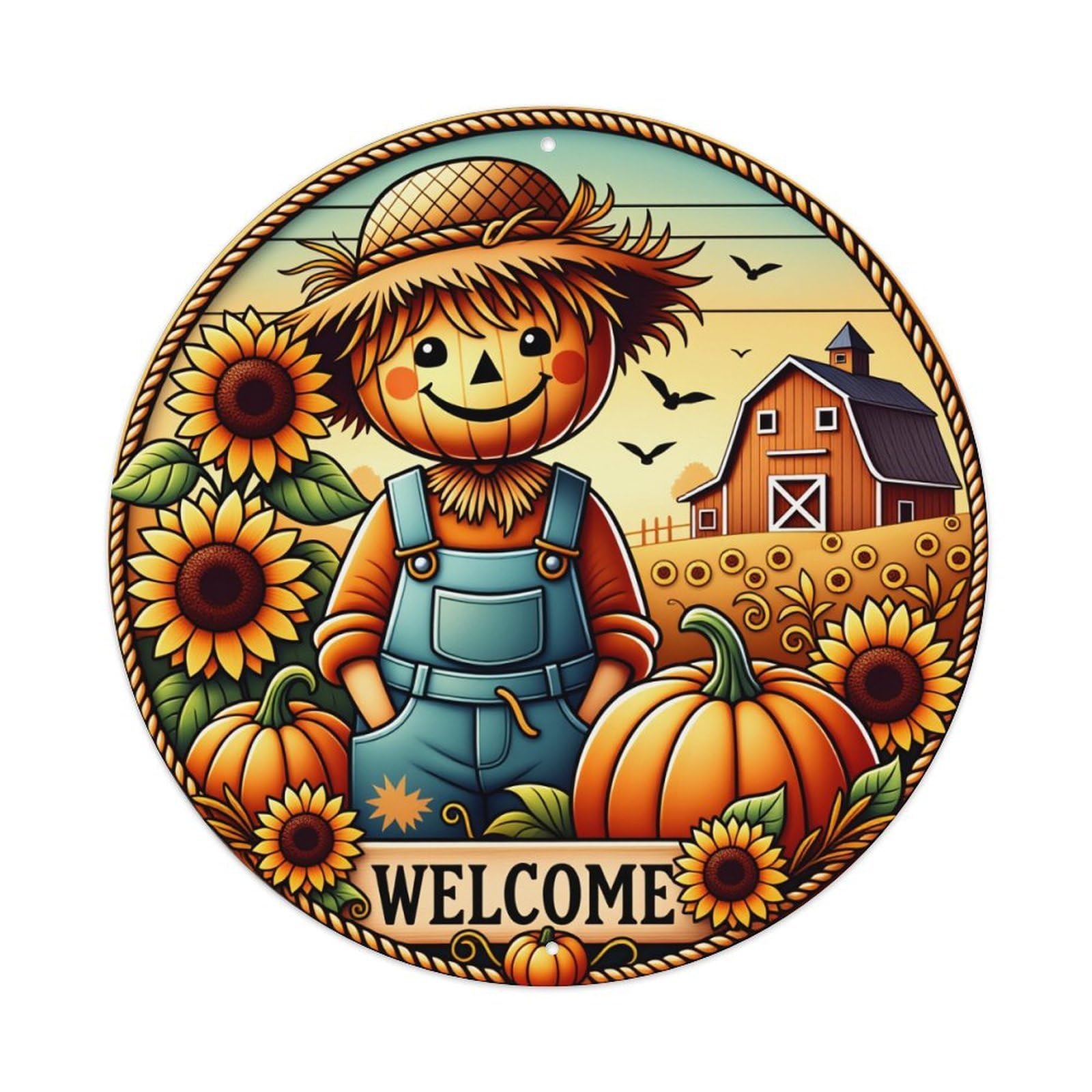Scarecrow Sunflower Pumpkin Barn Welcome Tin Sign Vintage Style Home Bar Garden Wall Plaque Decor Metal Poster 8x12 Inch