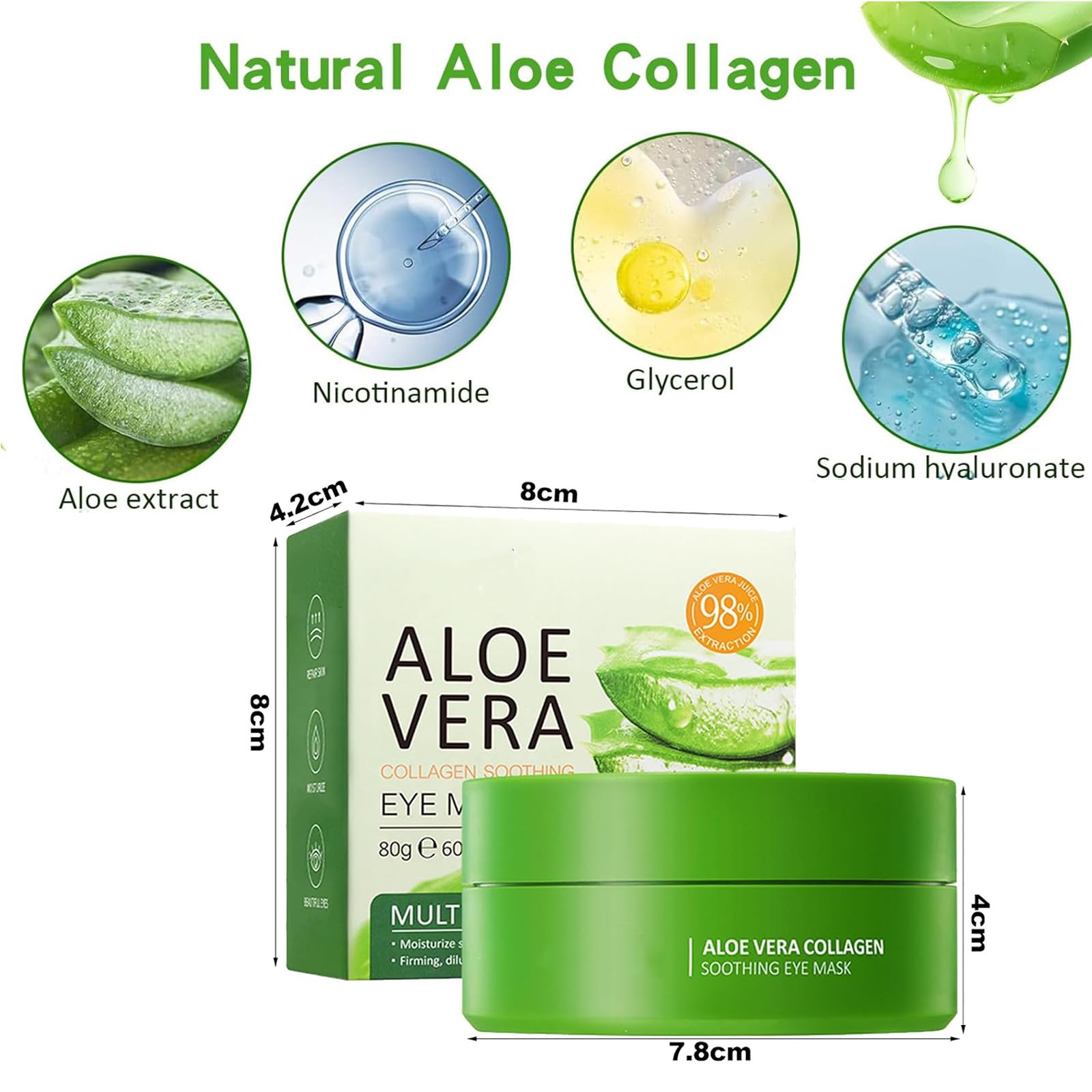 60Pcs Aloe Vera Augenpads,Kollagen Augenpads gegen Augenringe, Hyaluronsäure Augenmaske, Anti Aging,Augenringe Entfernen, Falten, Tränensäcke,Puffiness (Grün)